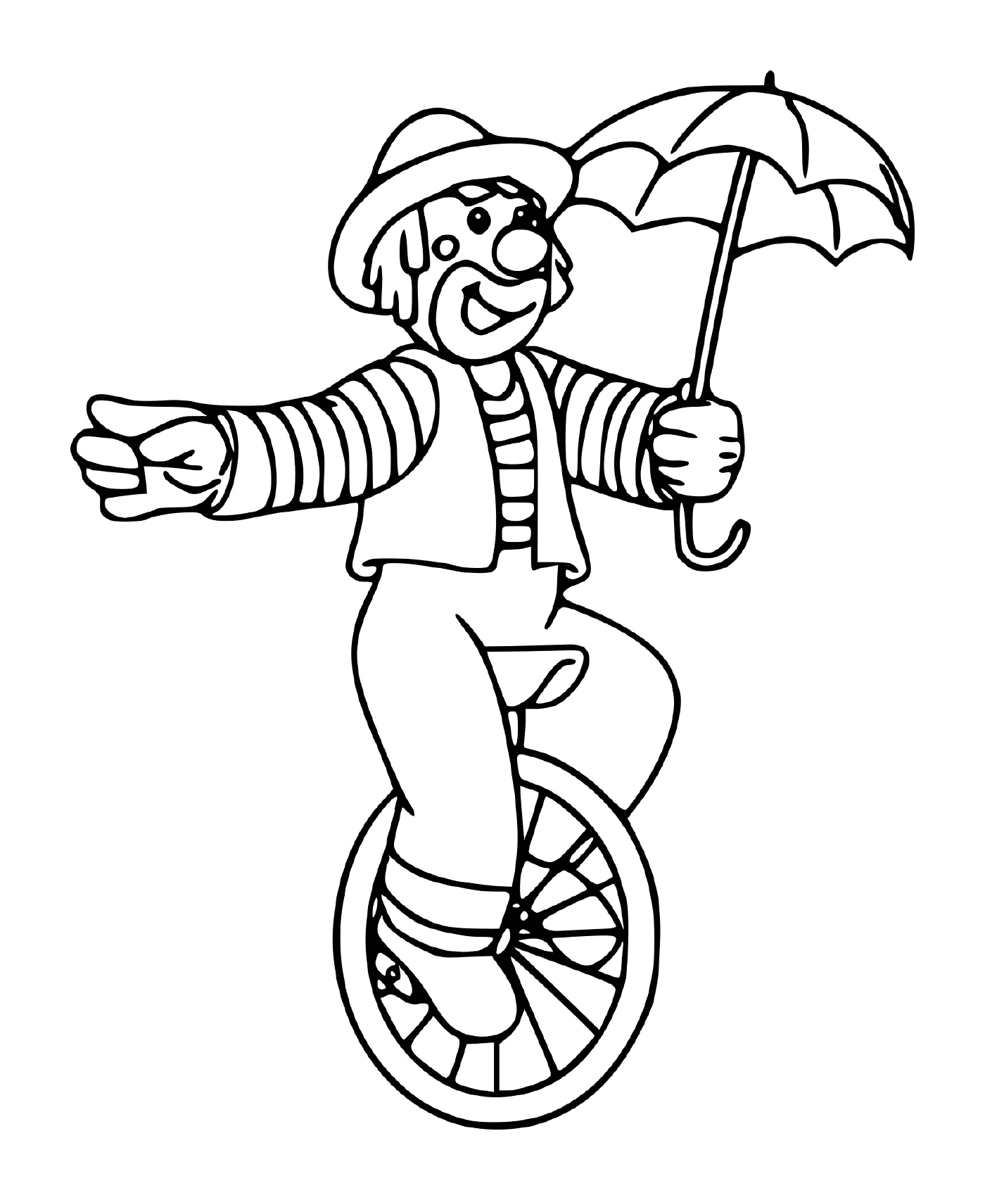   Clown de cirque équilibré sur une roue avec un parapluie 