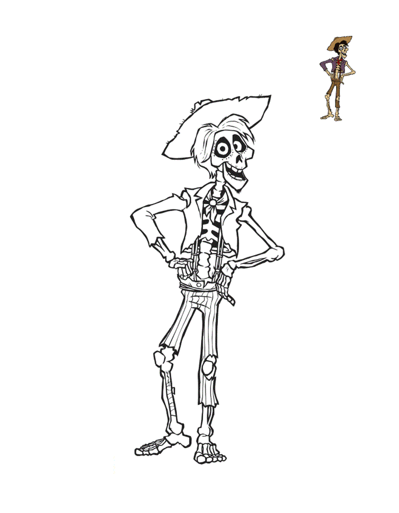   Hector, un squelette mince avec des cheveux et une barbichette noirs, et des yeux magenta 
