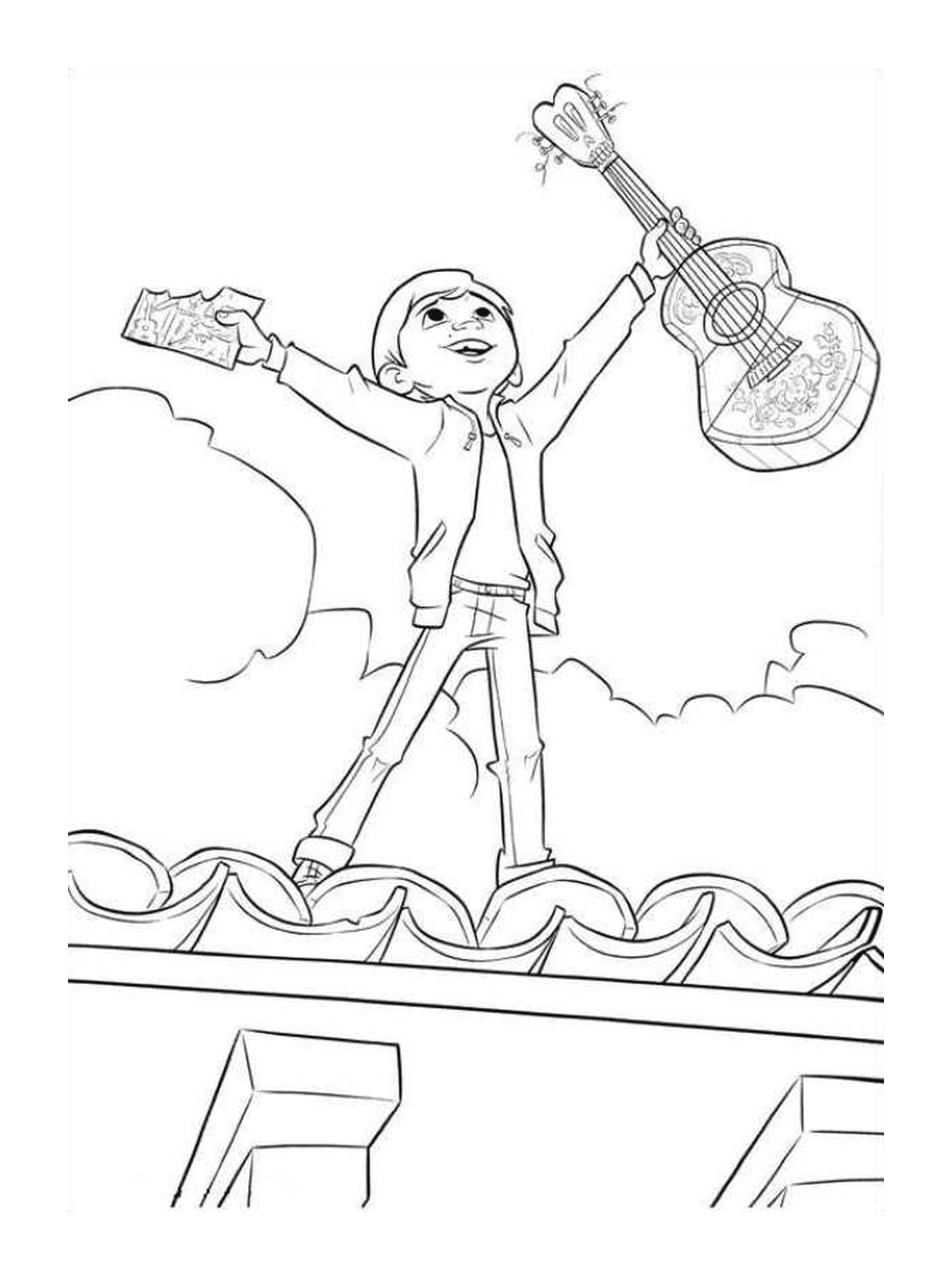   Miguel sur le toit de la maison avec sa guitare, symbole de liberté 