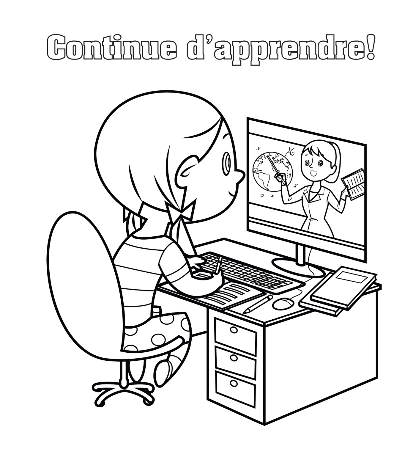   Une fille assise devant un ordinateur pour continuer à apprendre en ligne 