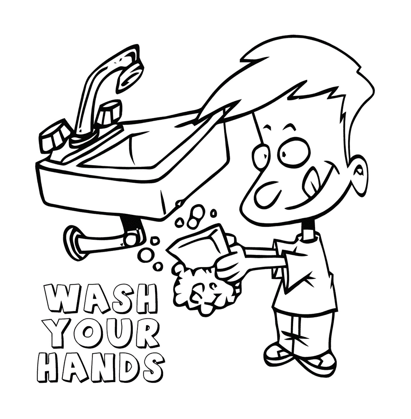   Un garçon se lave les mains devant un lavabo pour éviter le Covid-19 