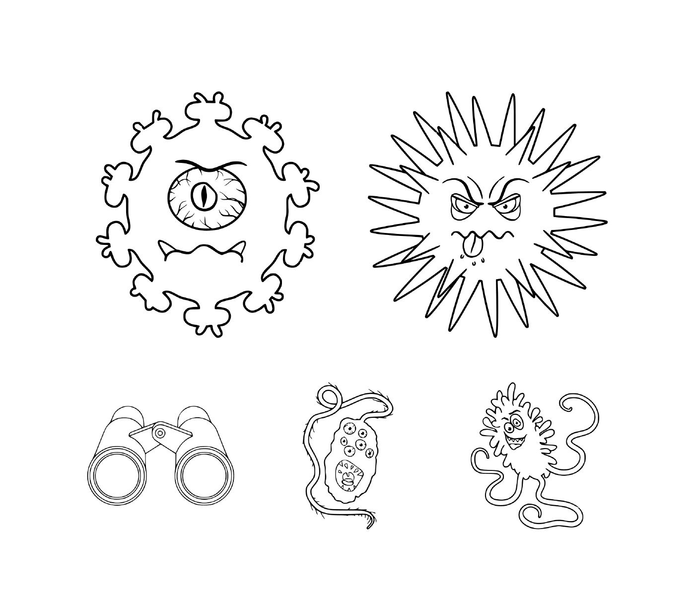   Un ensemble de personnages de dessins animés représentant différents types de microbes et le virus Covid-19 