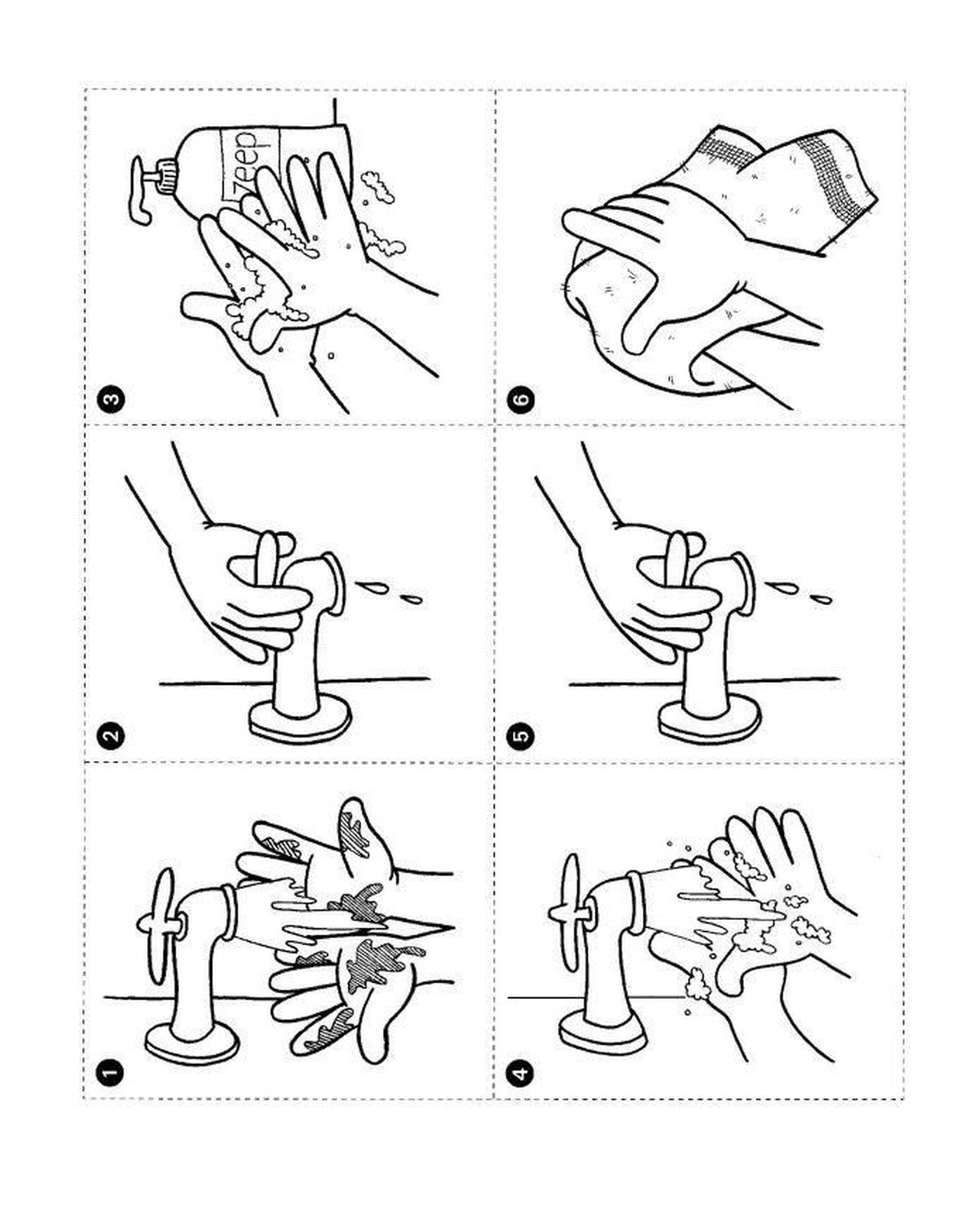   Des instructions sur comment se laver les mains avec du savon 