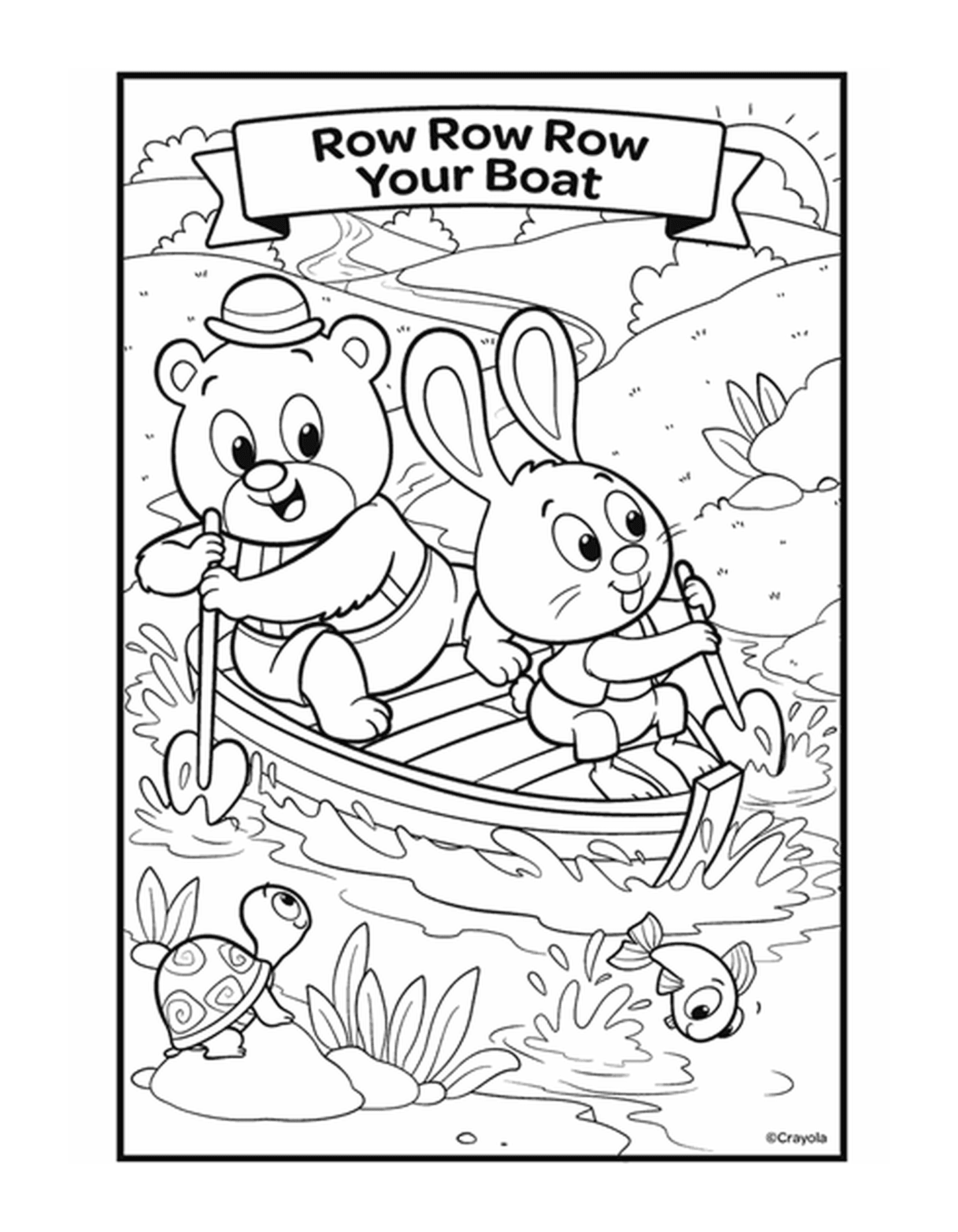   La comptine Row, Row, Row Your Boat avec deux animaux dans un bateau sur l'eau 