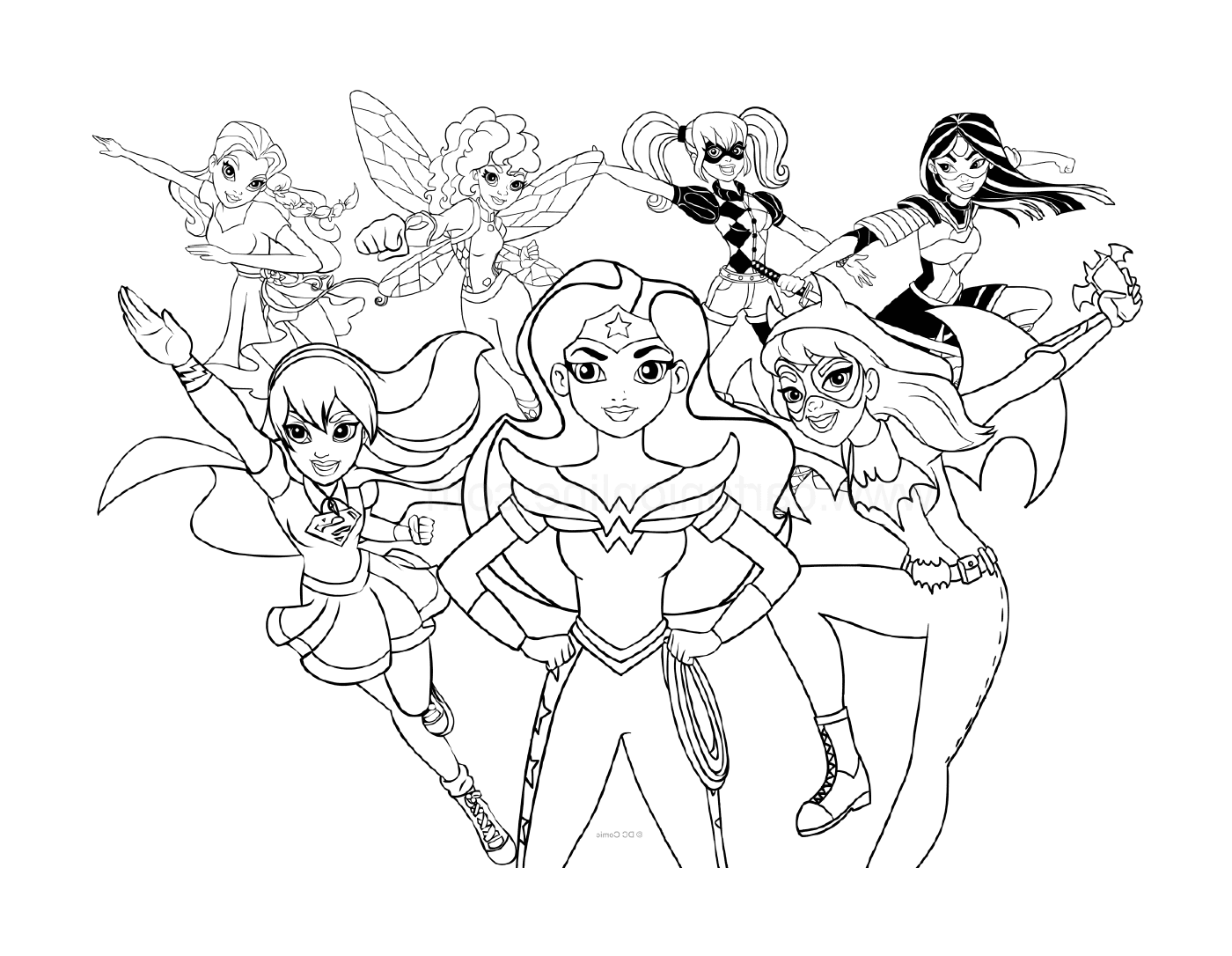   Un groupe de super-héroïnes de DC posant pour une photo 
