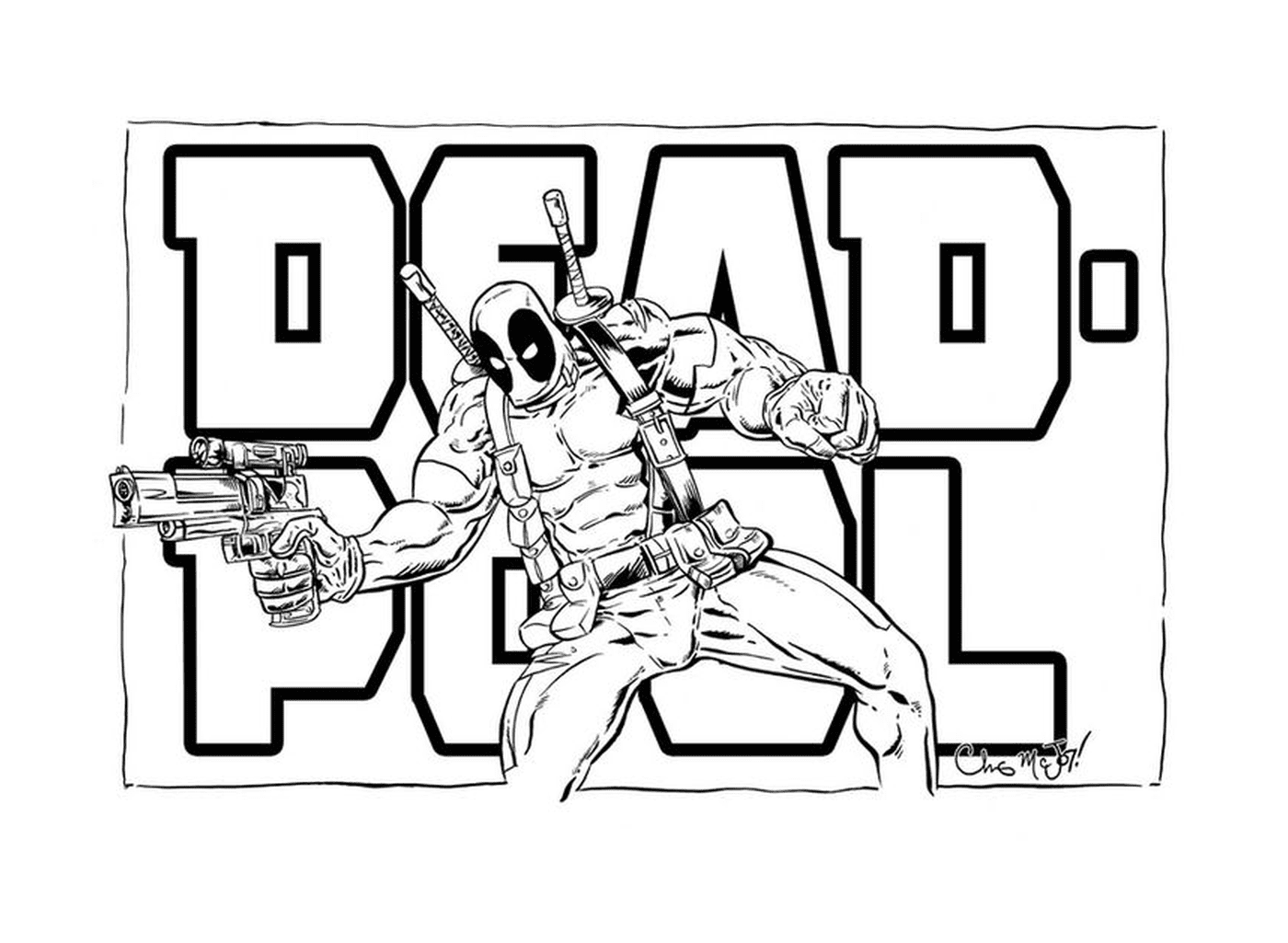   Deadpool avec un fusil devant le mot deadpool 