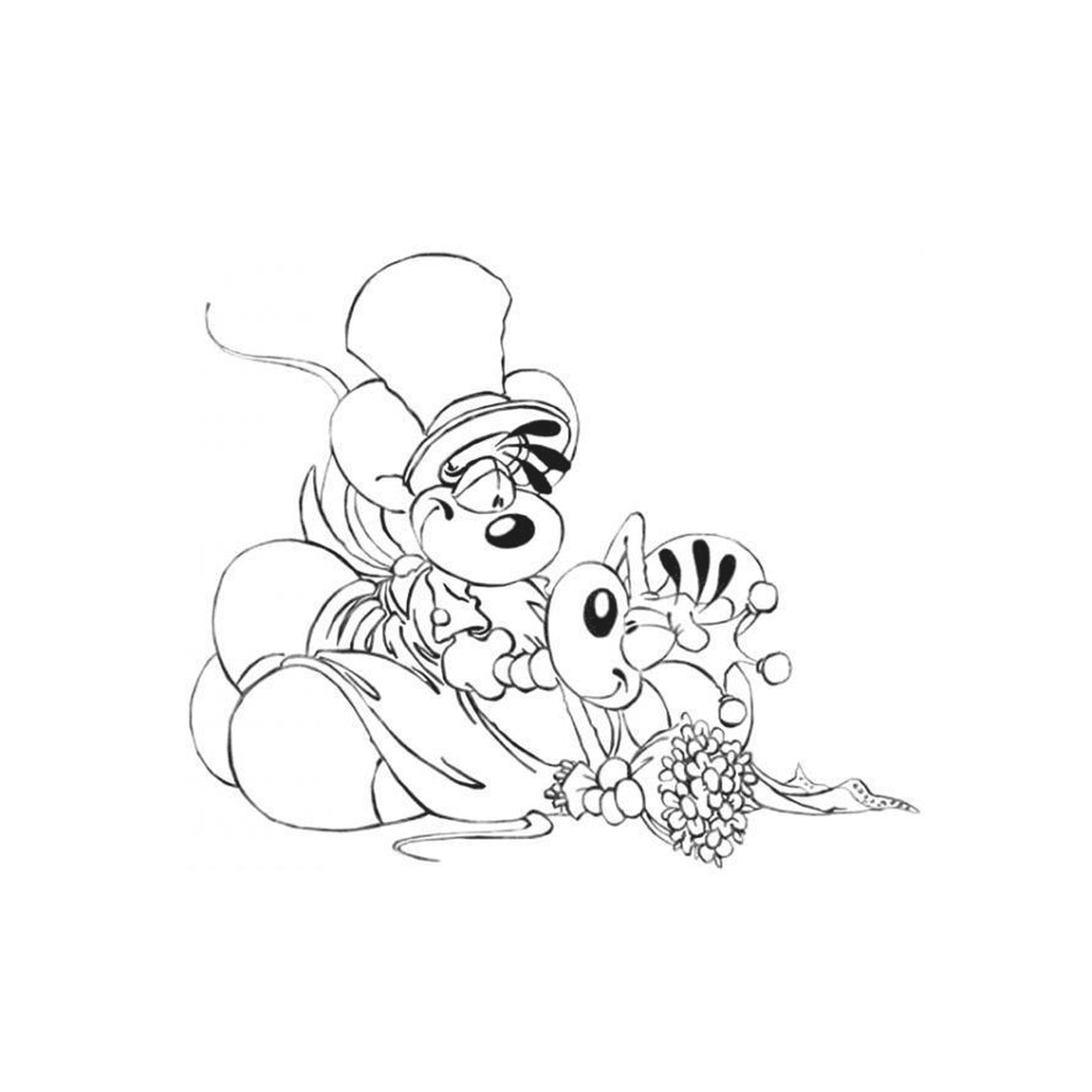   Une souris tenant des fleurs 