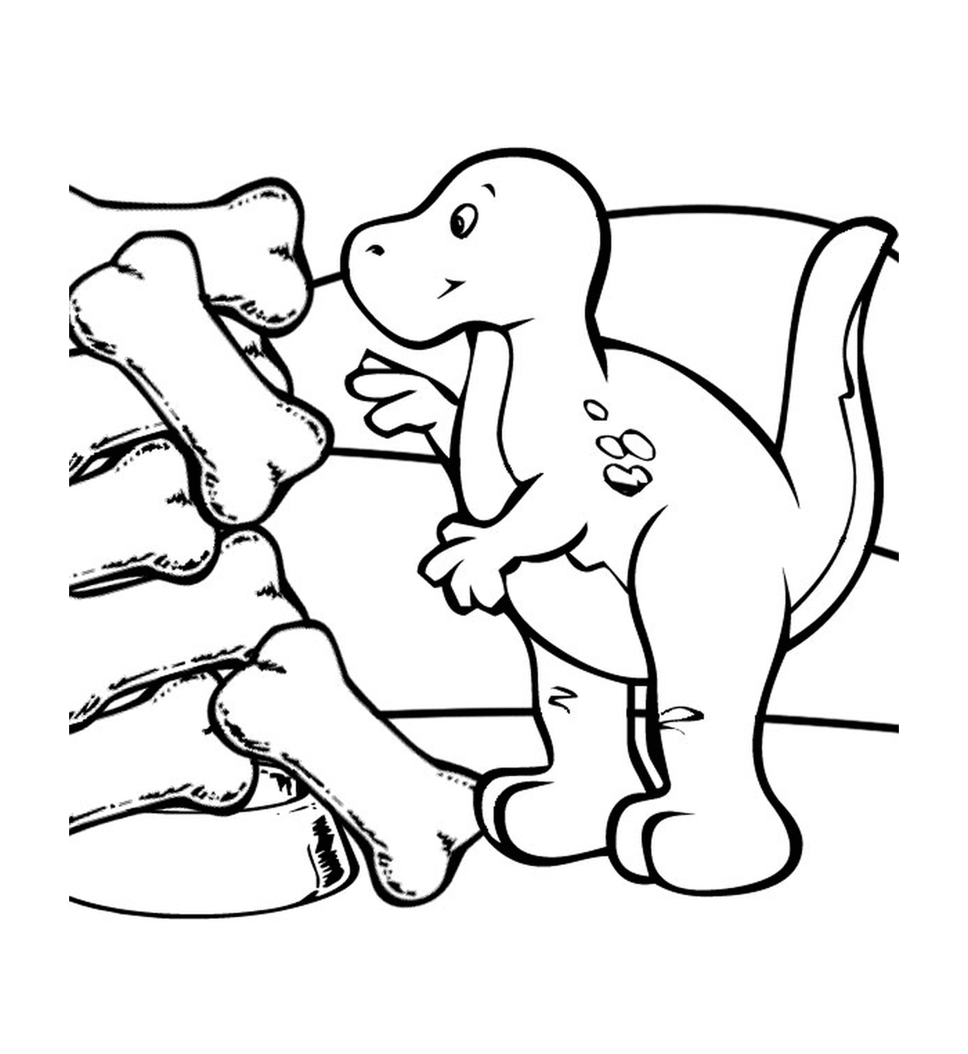   Dinosaure à côté d'os fossilisés 