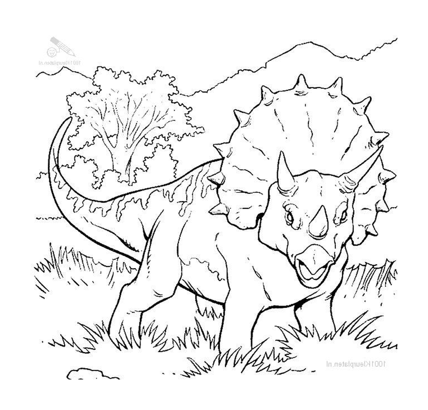   Un tricératops adulte debout dans l'herbe 