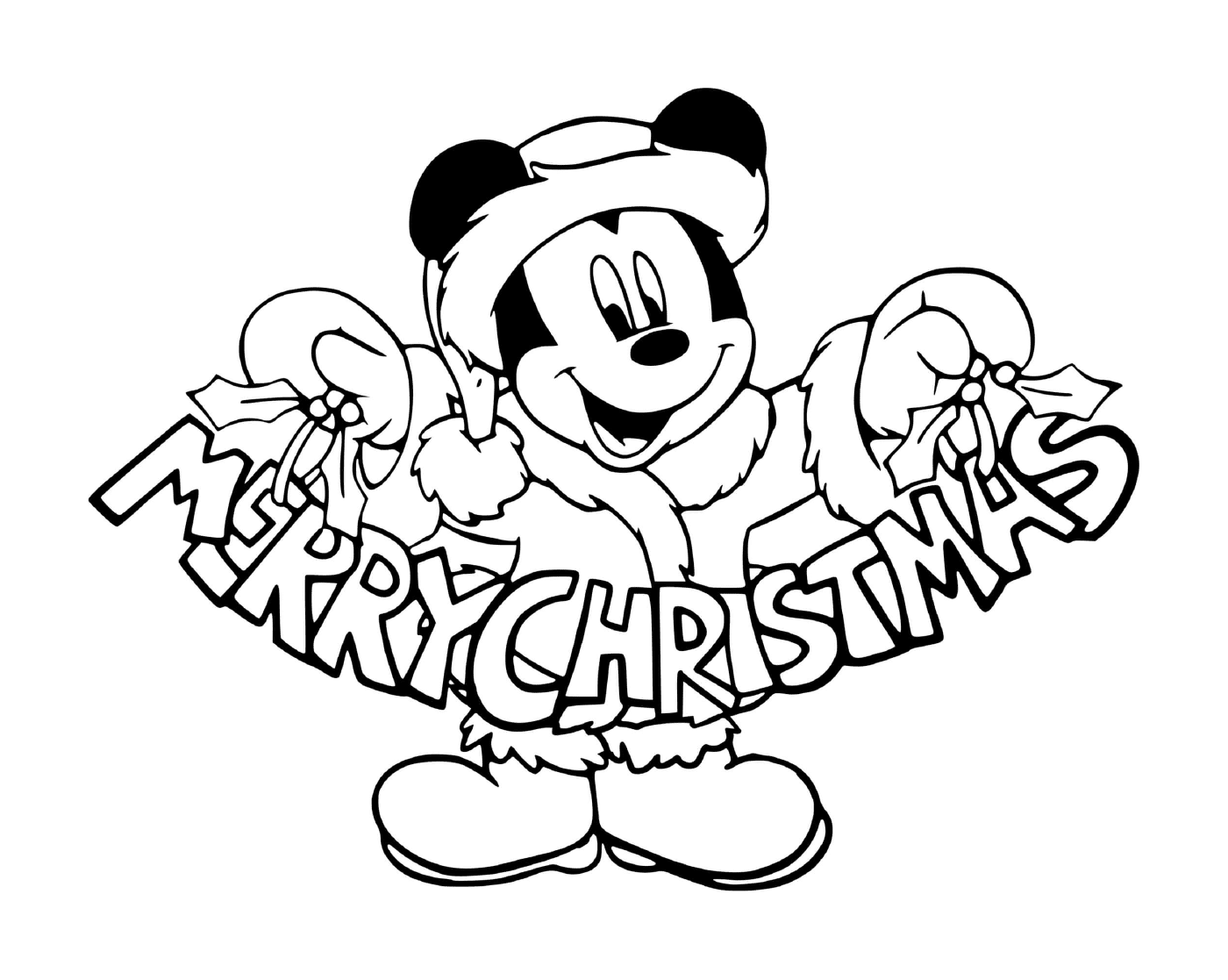   Mickey avec une enseigne Joyeux Noël 