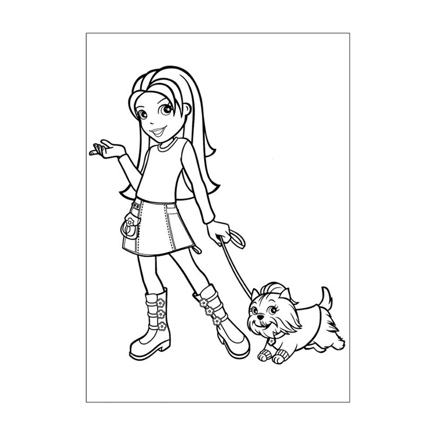   Une fille promenant un chien en laisse 