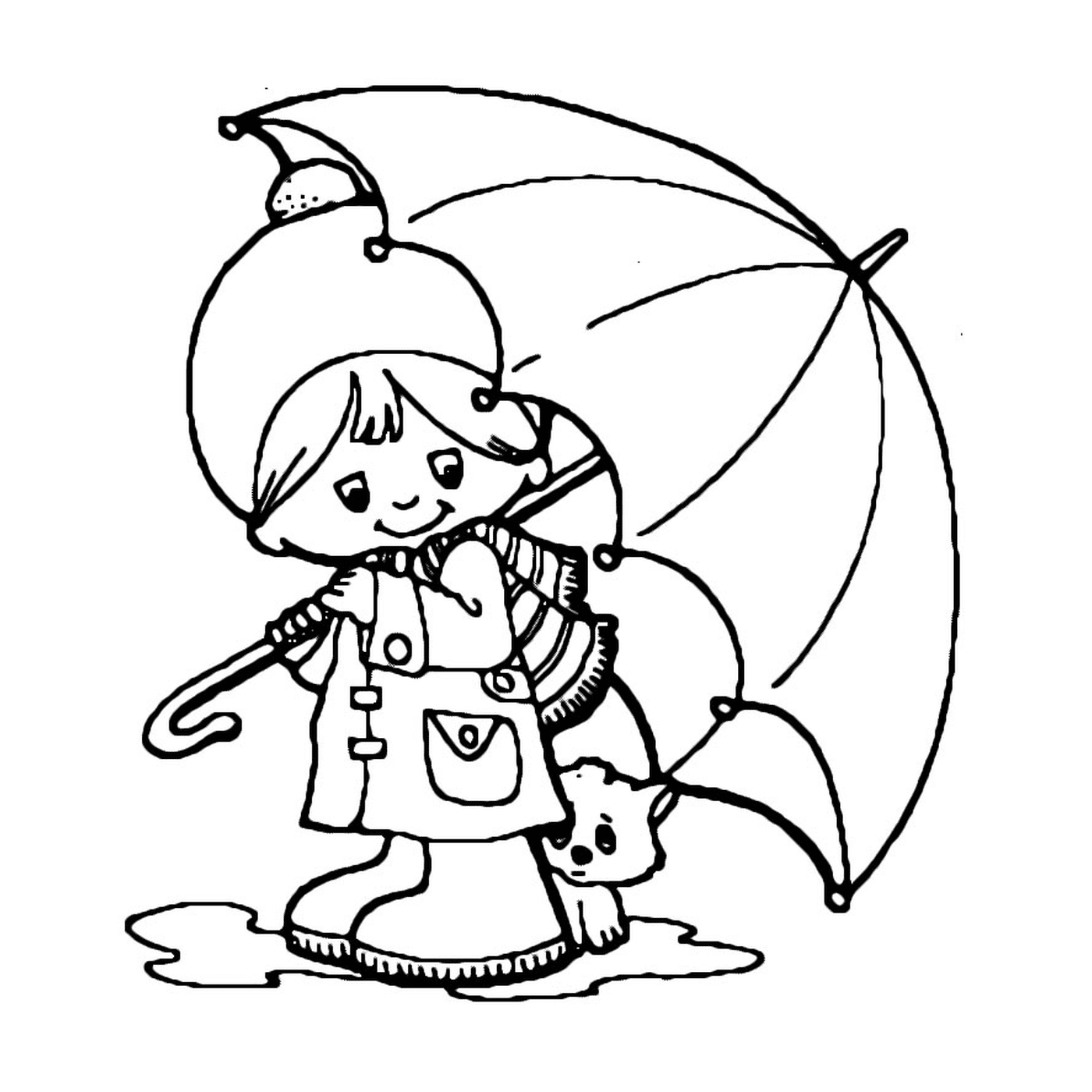   Un petit garçon et son chien sous un parapluie 