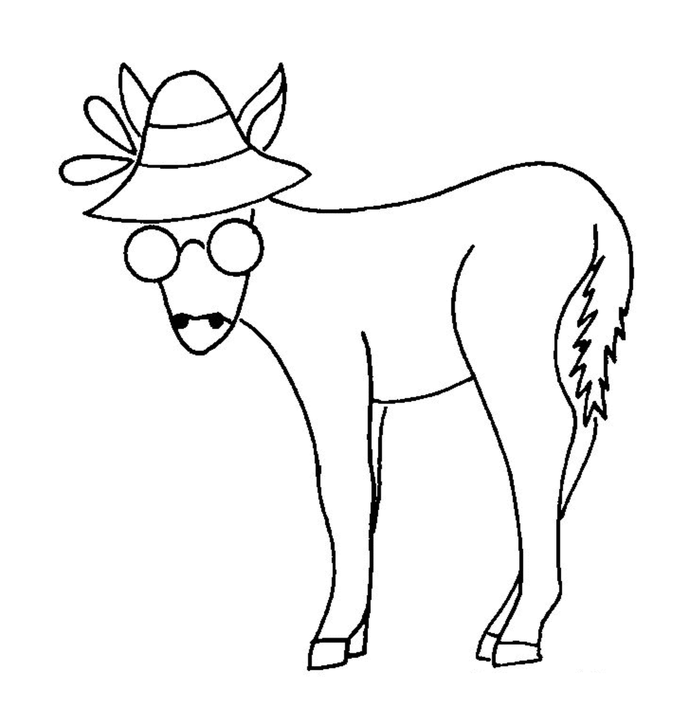   Un cheval avec un chapeau et des lunettes sur la tête 