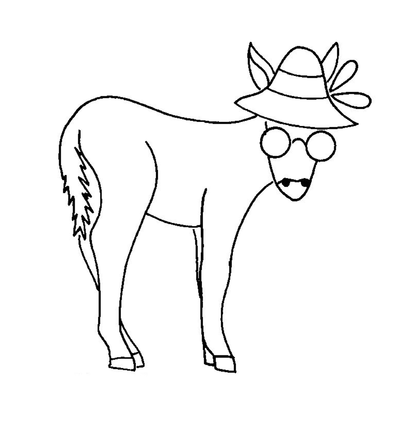   Un âne rigolo avec un chapeau et des lunettes sur la tête 