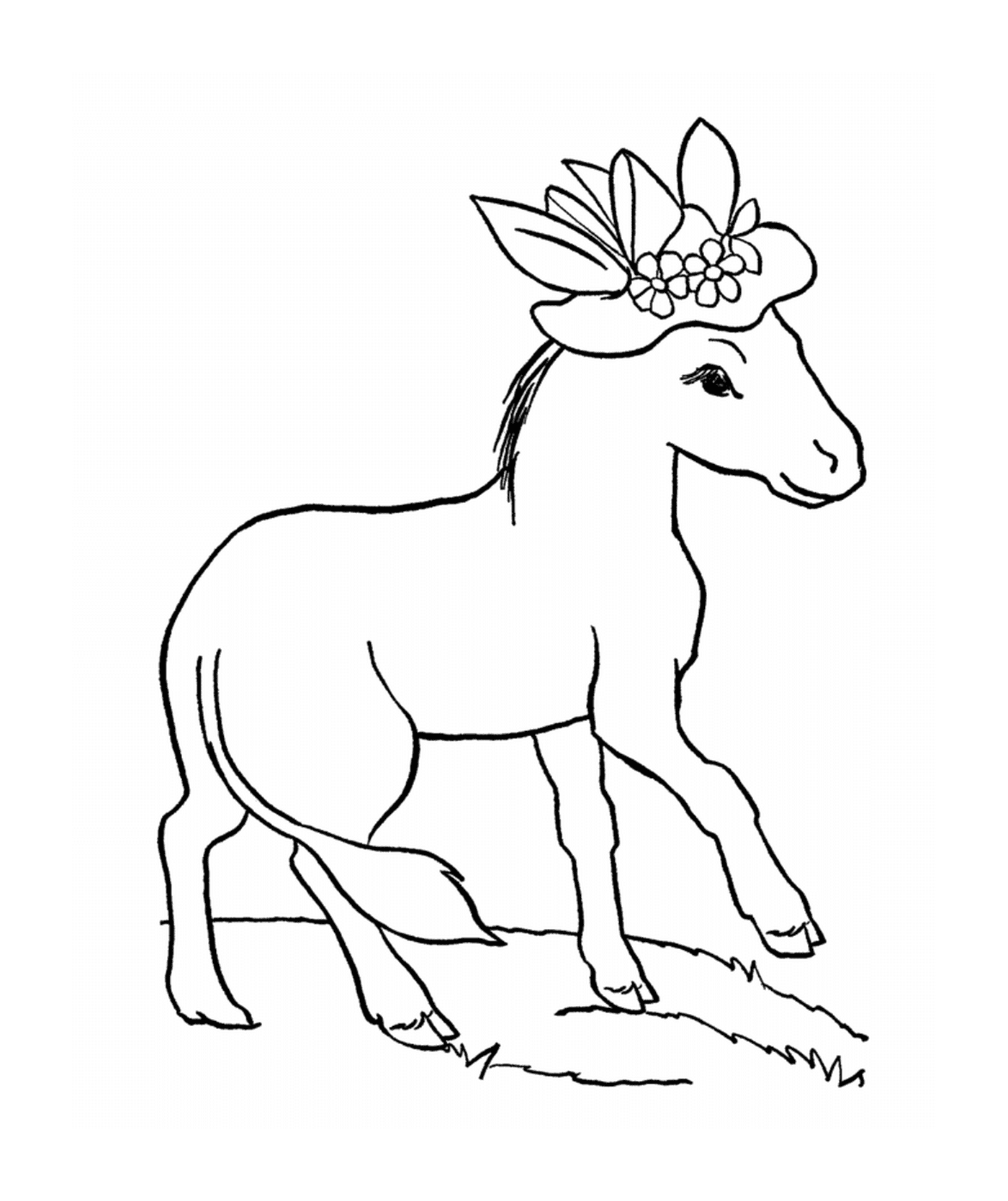   Un cheval avec une fleur sur la tête 