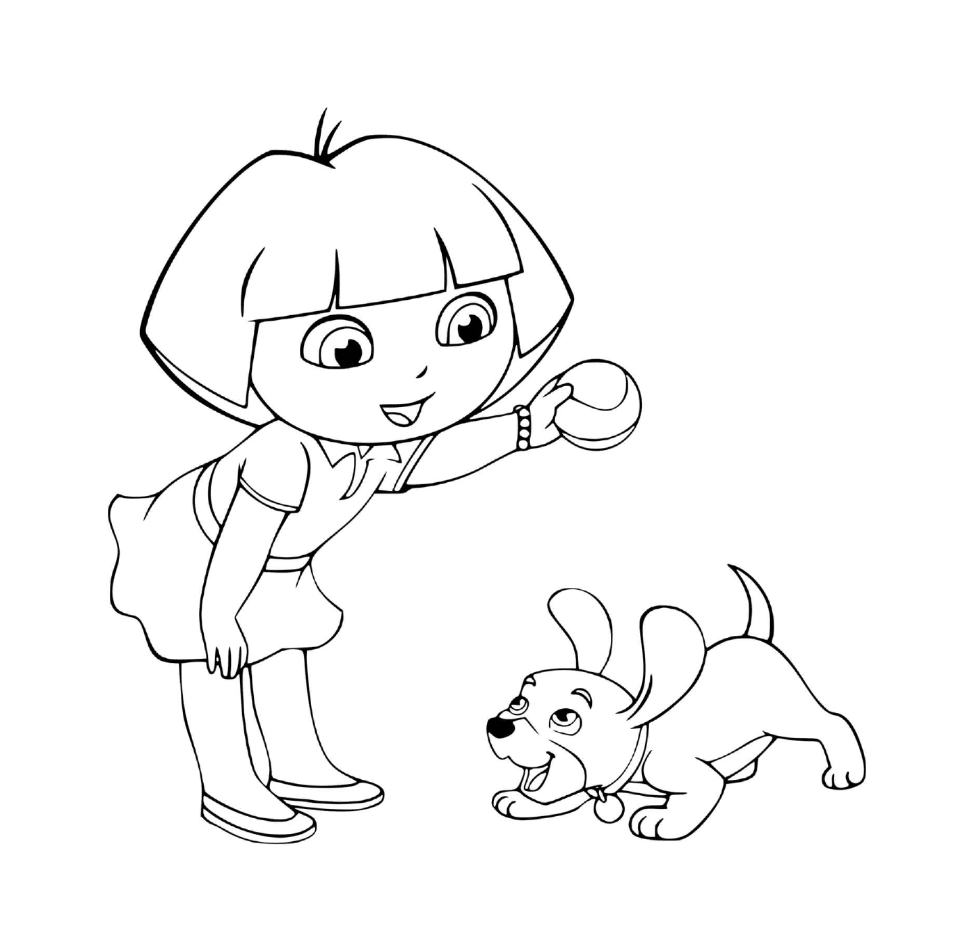   Dora joue au ballon avec son chien avec joie 
