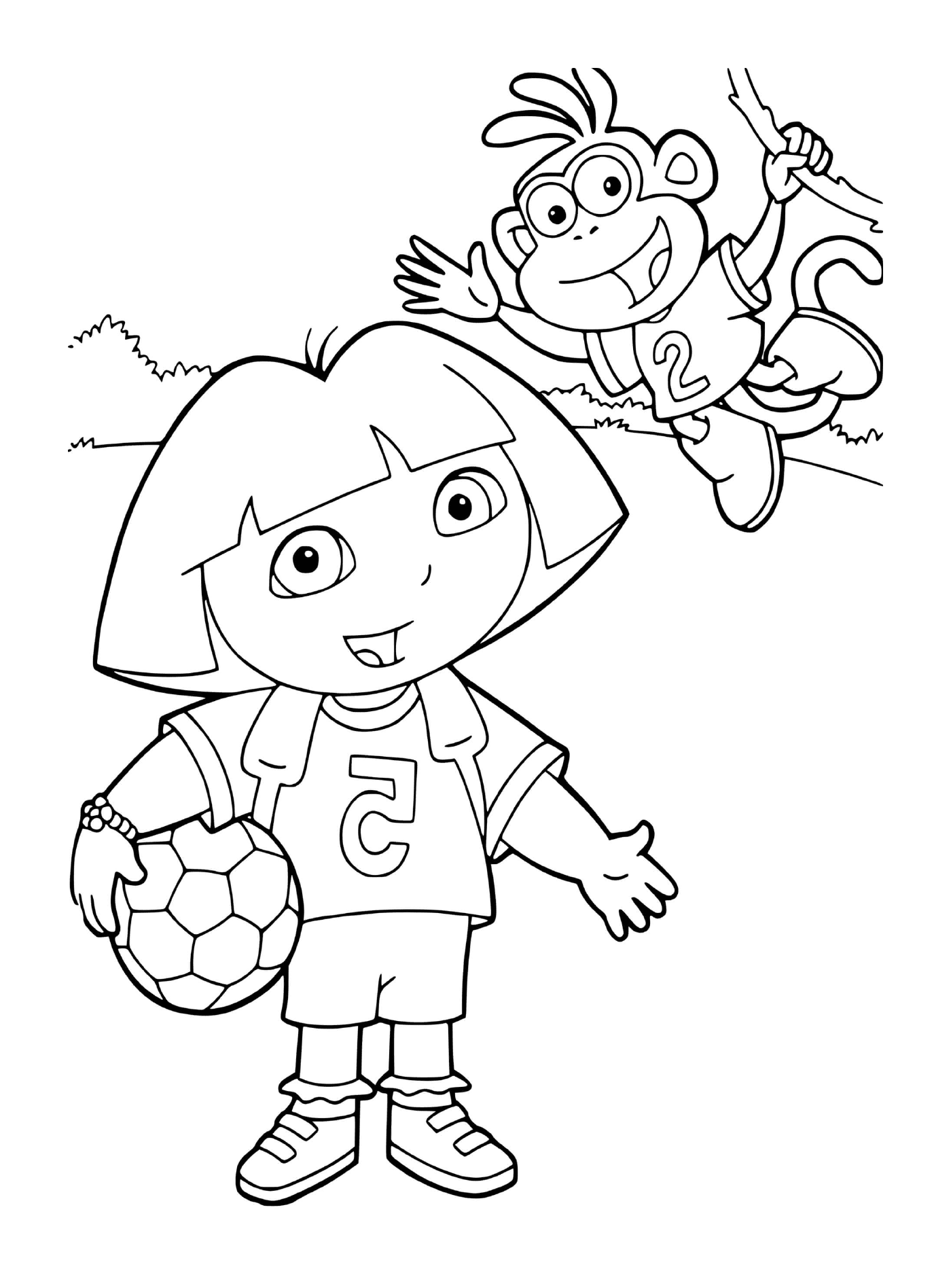   Dora joue au foot avec Babouche dans leur équipe 
