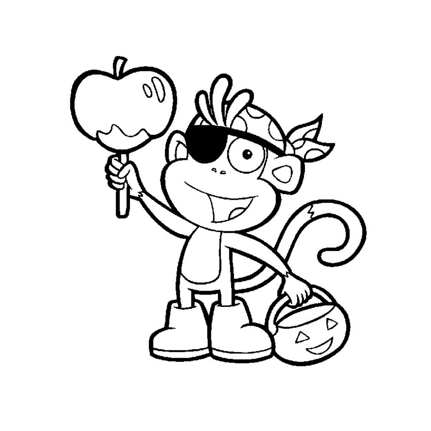   Babouche, le singe, tient une pomme 