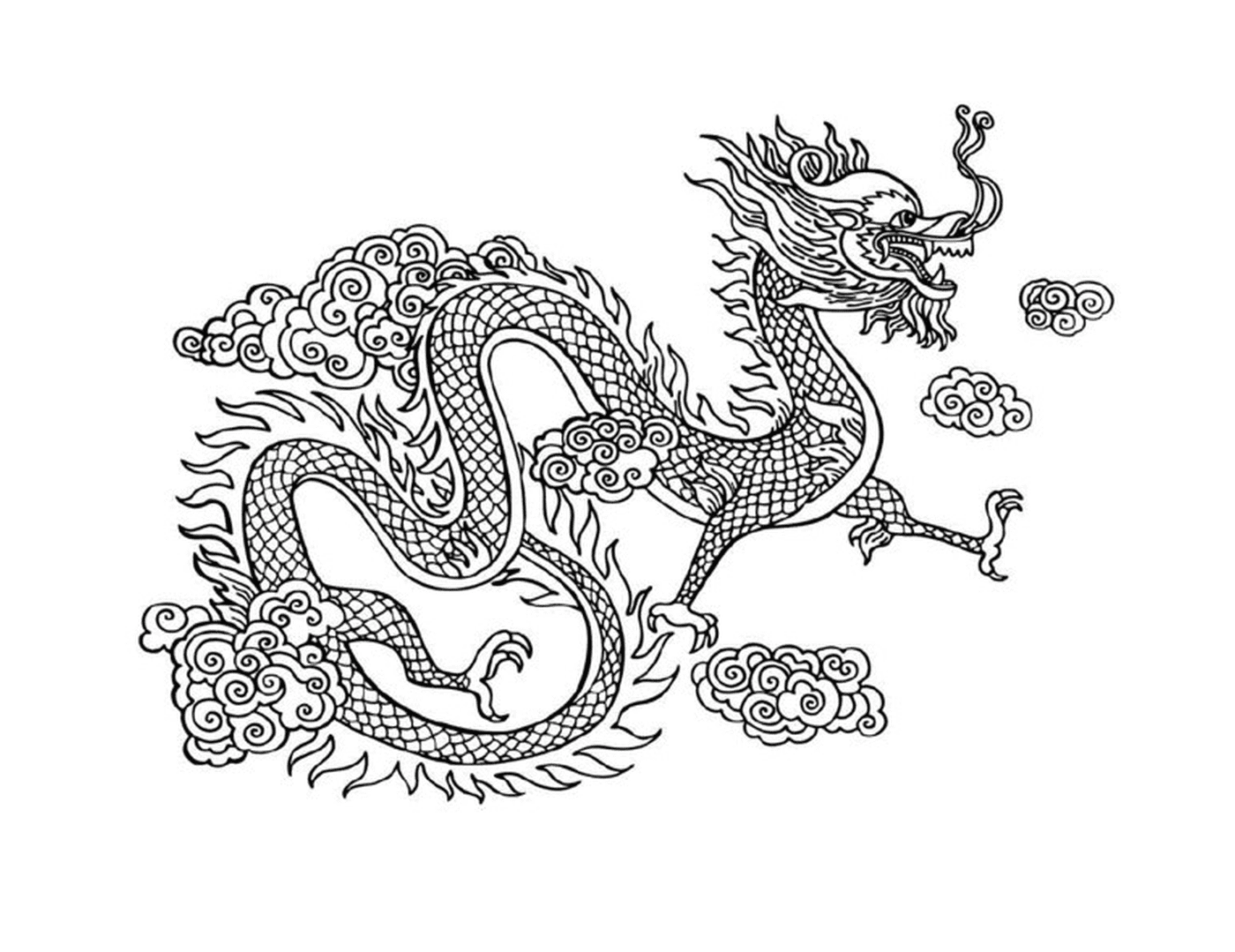   Dragon oriental aux airs mystérieux, entouré de nuages 