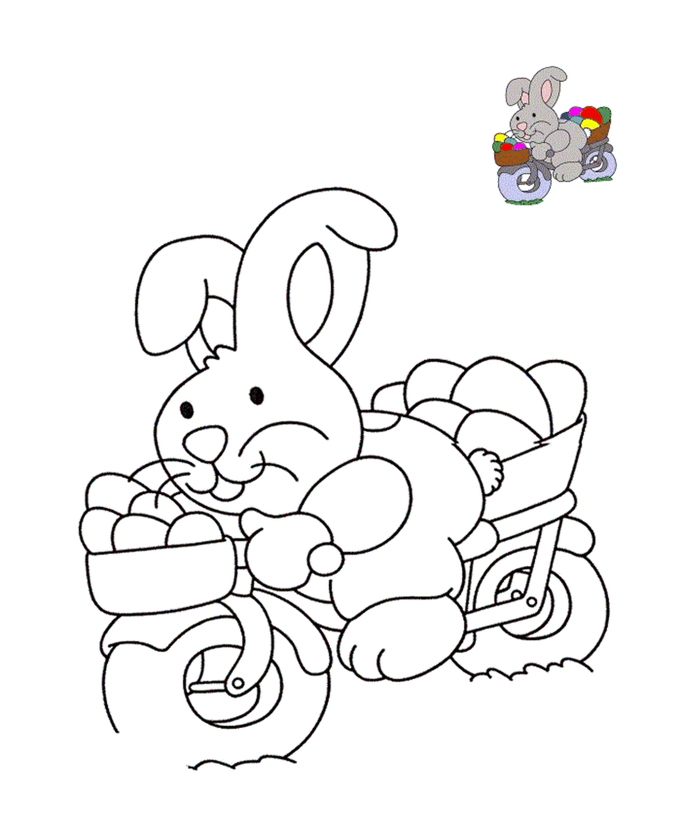   Lapin ramassant œufs de Pâques en vélo 