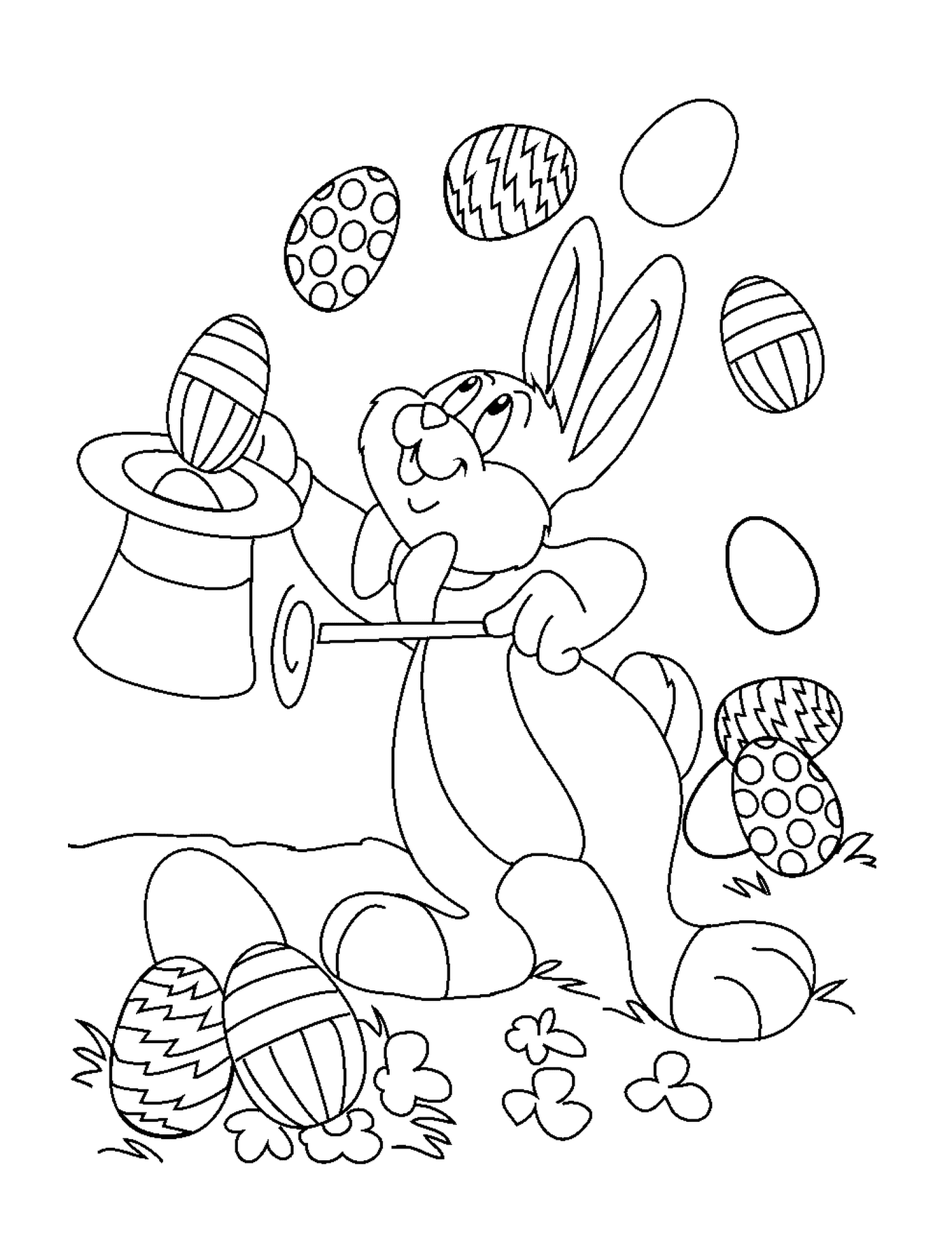   Un lapin de Pâques jouant avec des œufs 