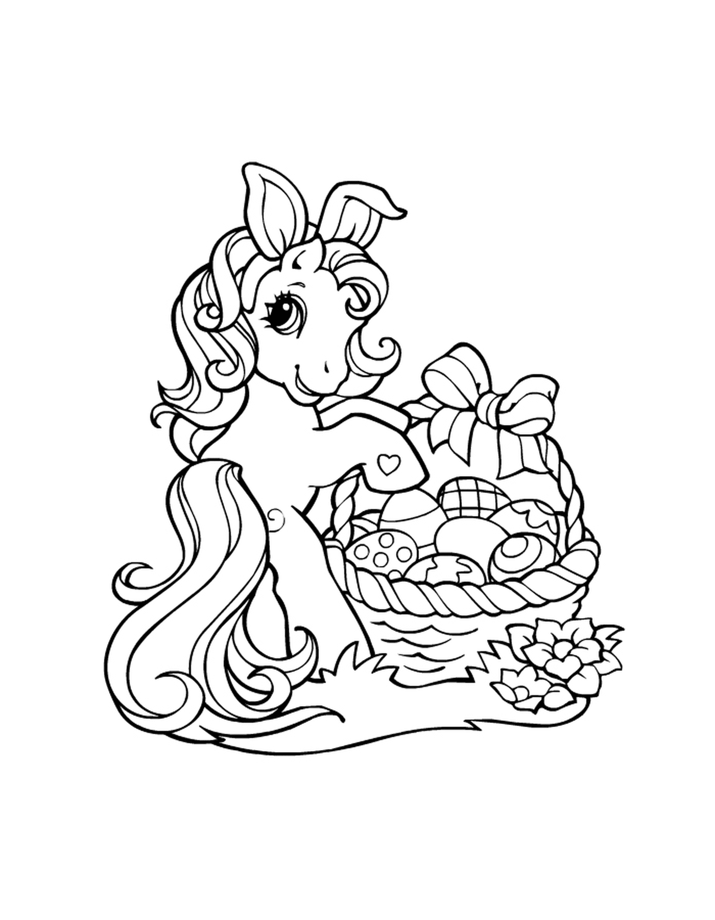   Un poney tenant un panier d'œufs de Pâques 