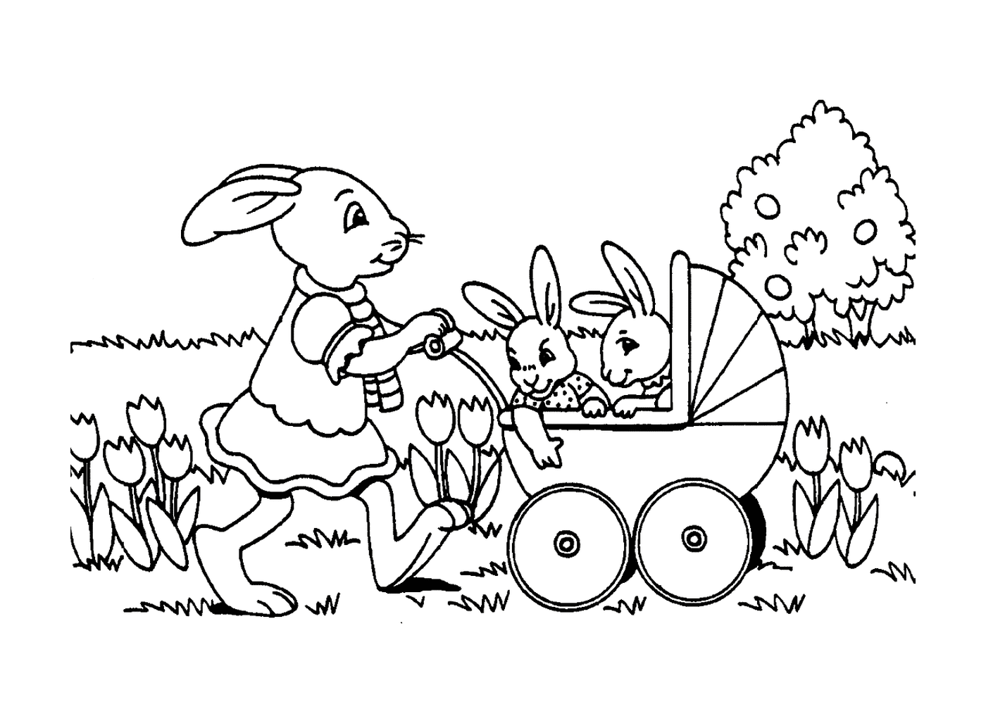   Un lapin de Pâques poussant une poussette 