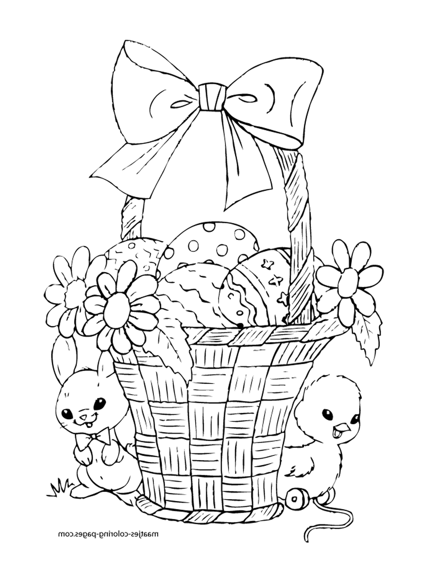   Un panier rempli d'œufs de Pâques et de fleurs 