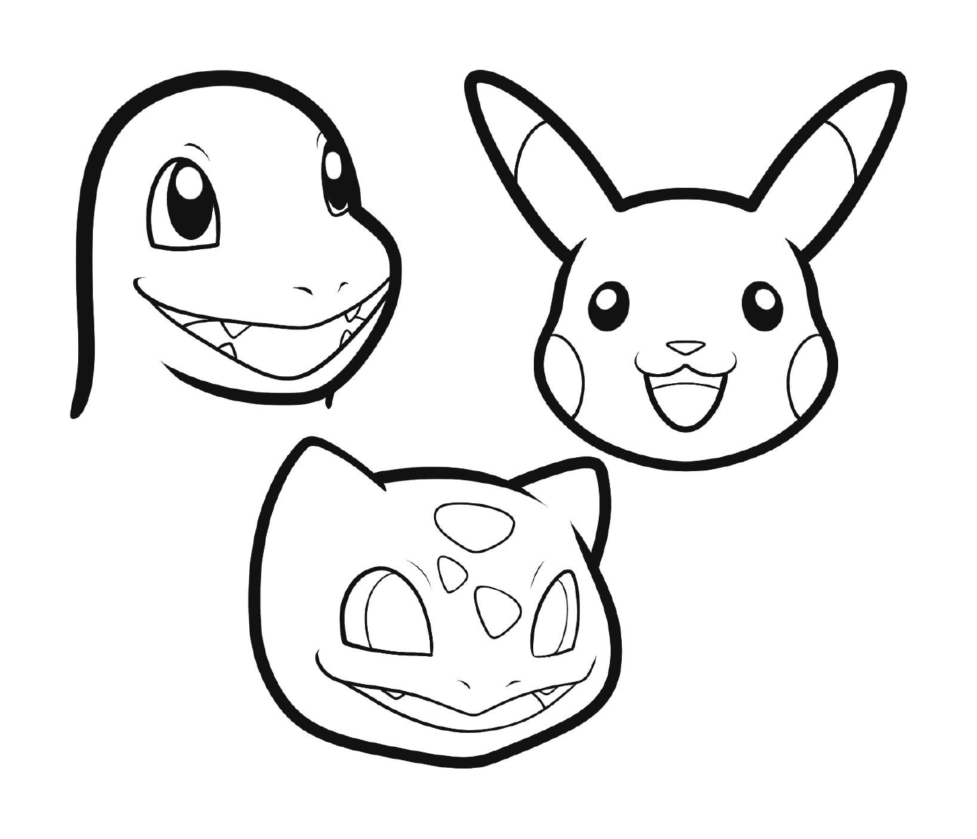   Un ensemble de trois dessins animés représentant un Pikachu, un Salamèche et un Carapuce 