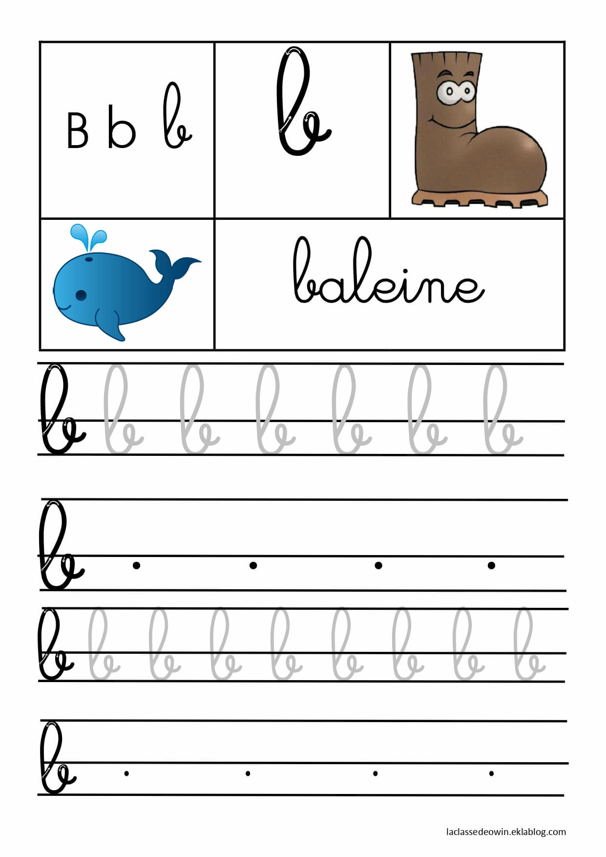   Lettre B pour baleine, écriture cursive GS 