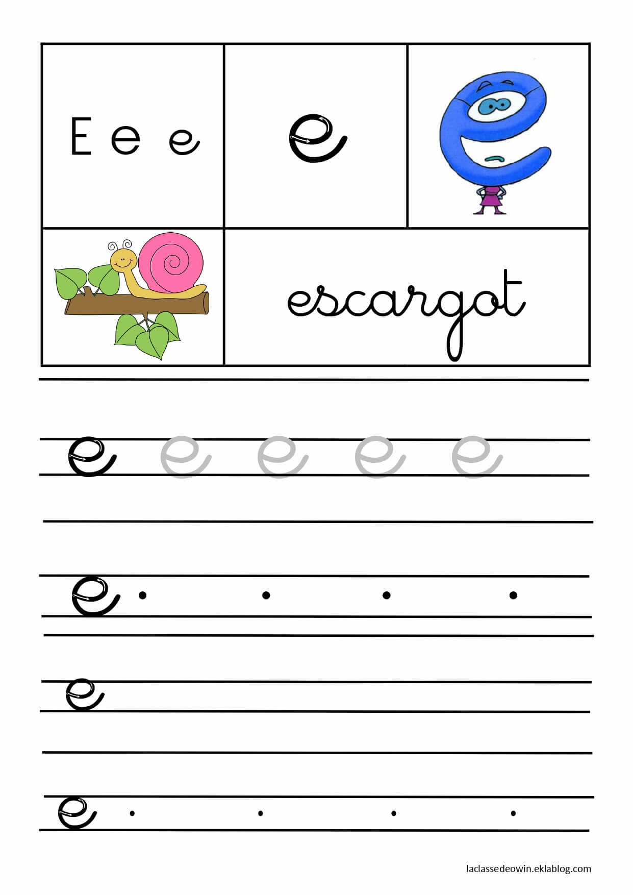  Lettre E pour escargot, écriture cursive GS 