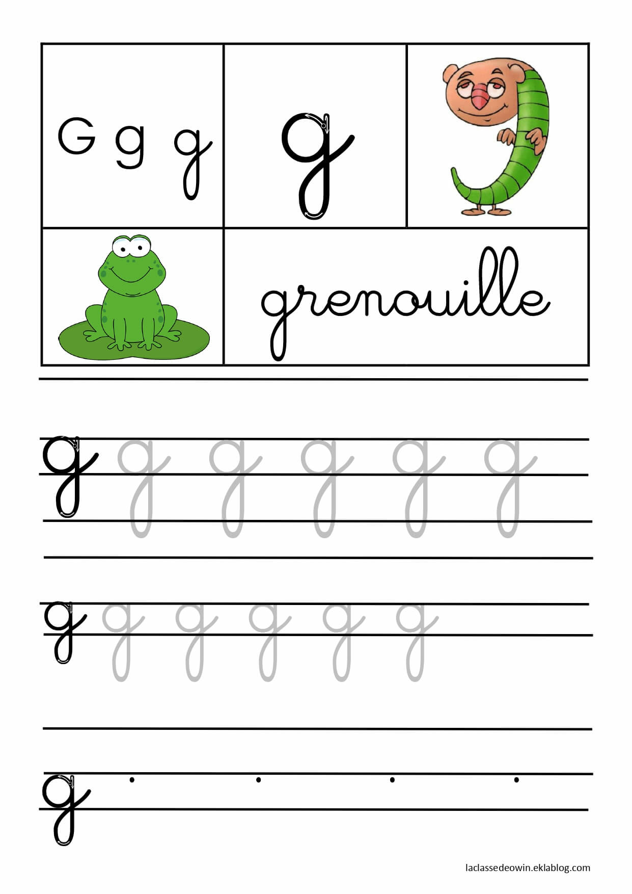   Lettre G pour grenouille, écriture cursive GS 
