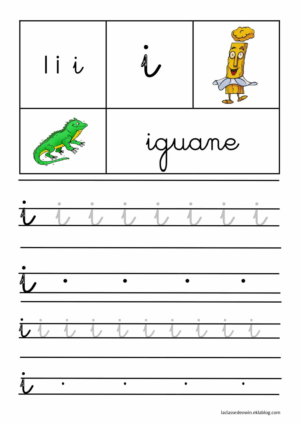   Lettre I pour iguane, écriture cursive GS 