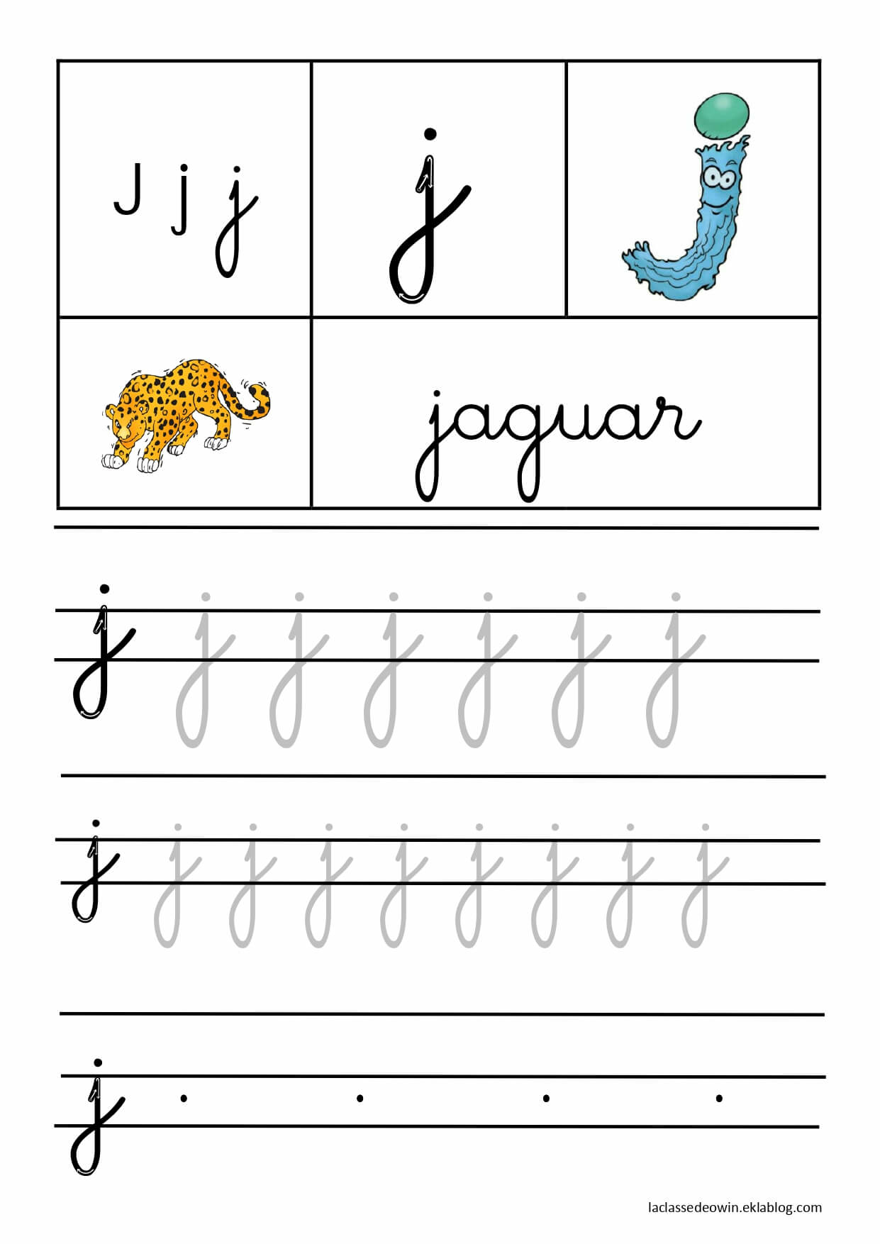   Lettre J pour jaguar, écriture cursive GS 