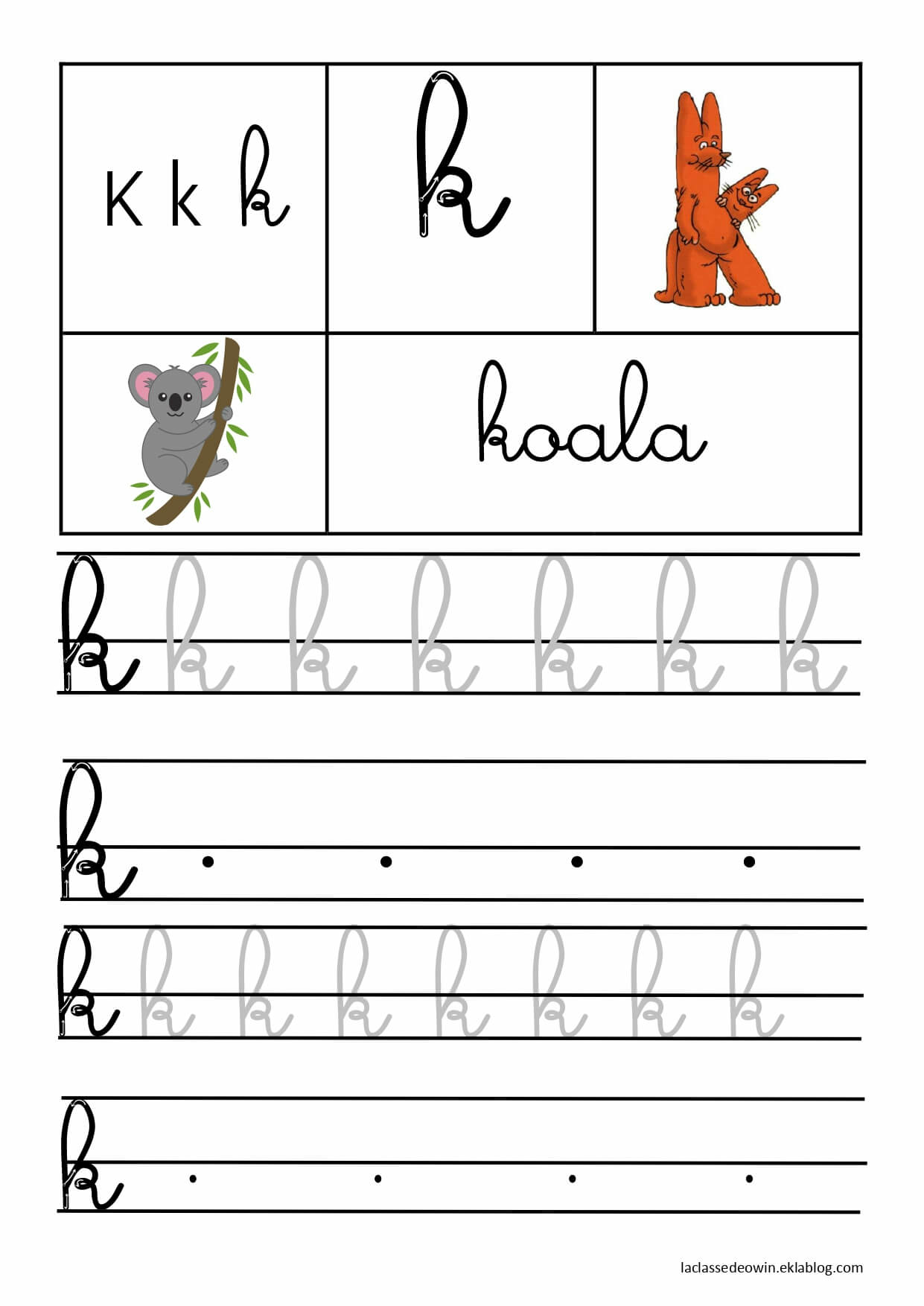   Lettre K pour koala, écriture cursive GS 