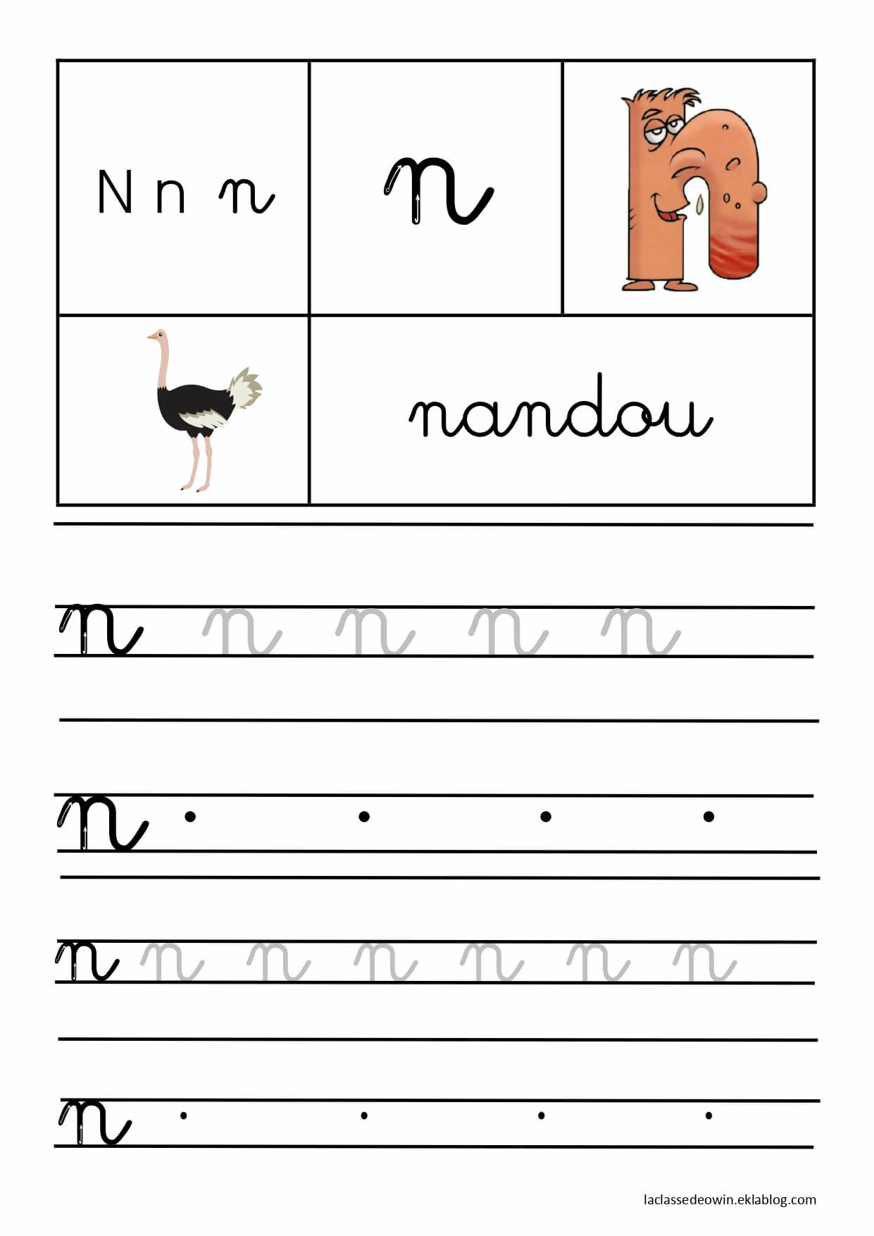   Lettre N pour nandou, écriture cursive GS 