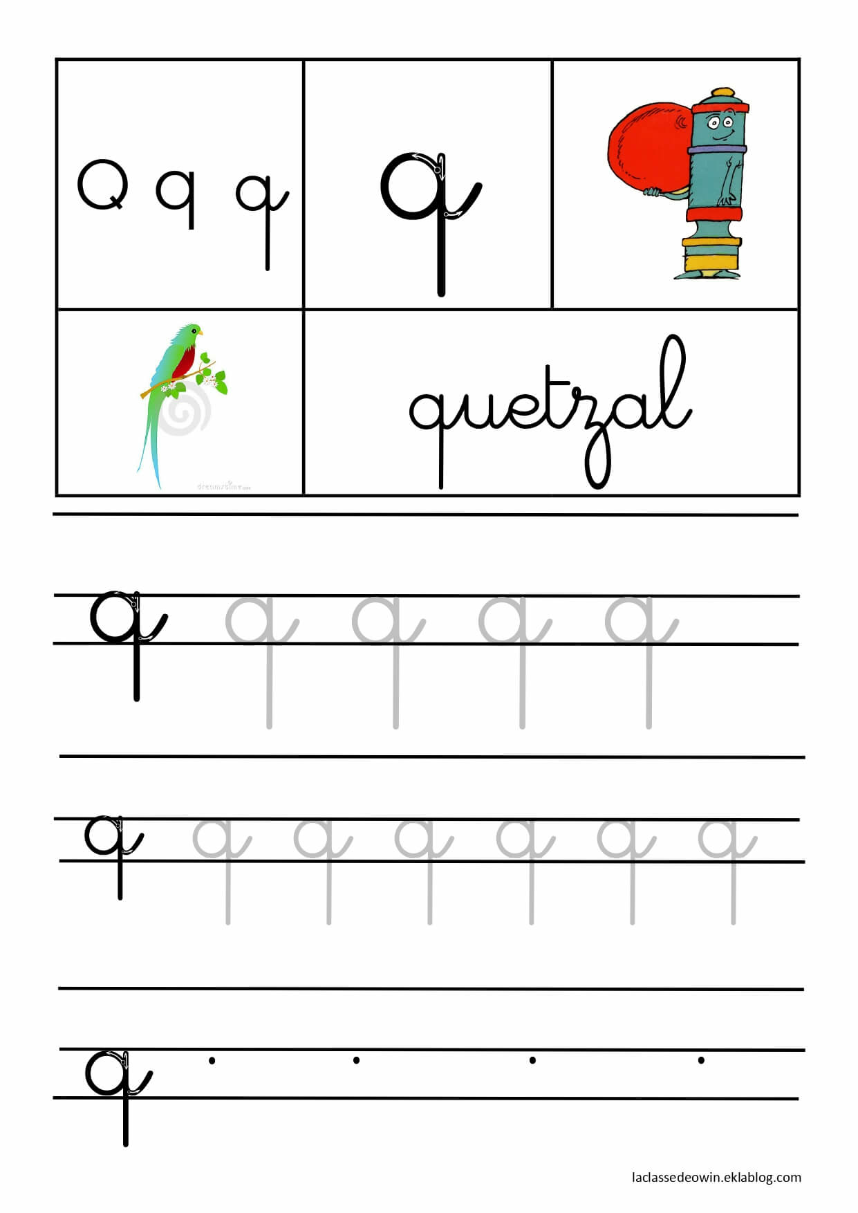   Lettre Q pour quetzal, écriture cursive GS 