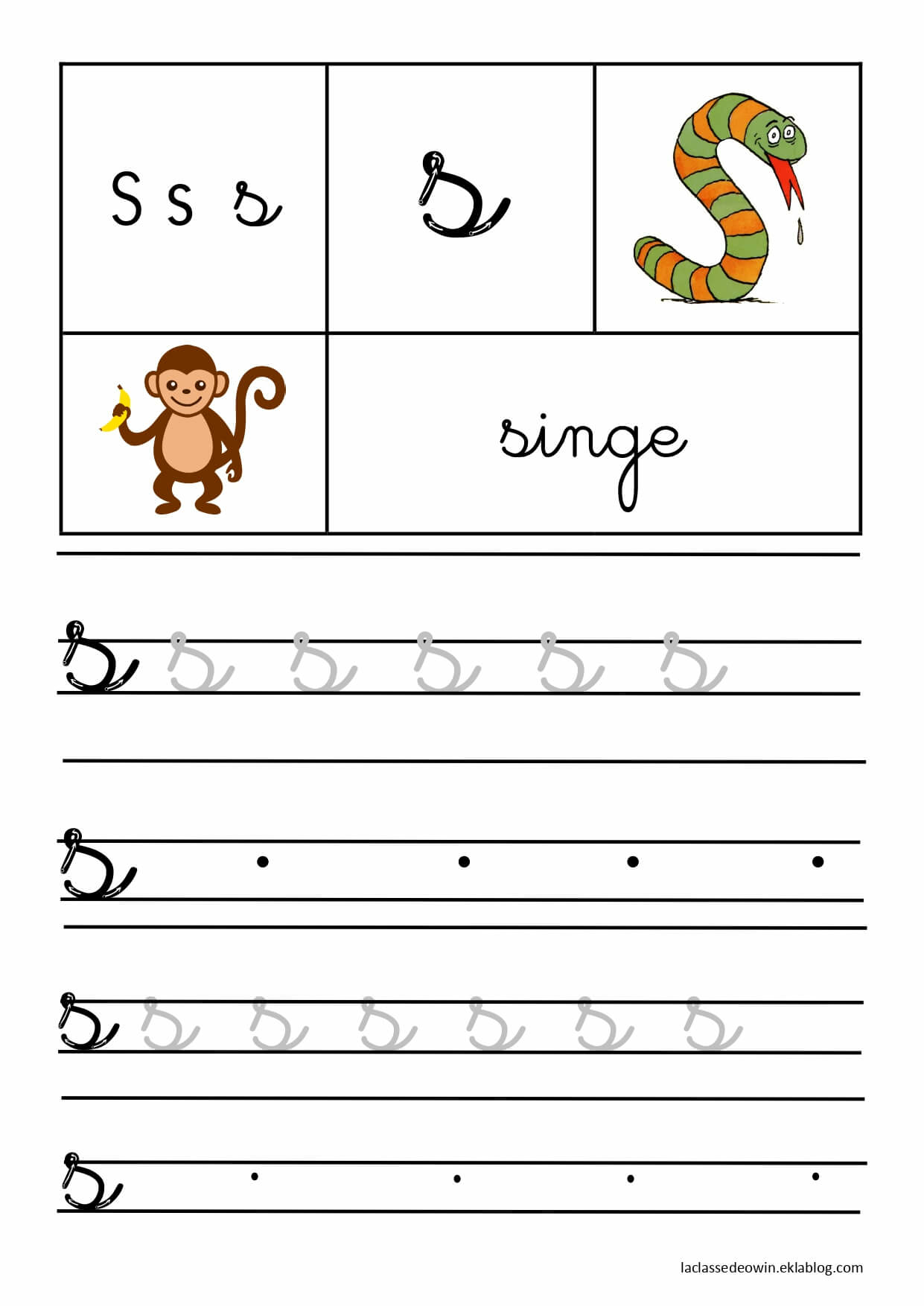   Lettre S pour singe, écriture cursive GS 