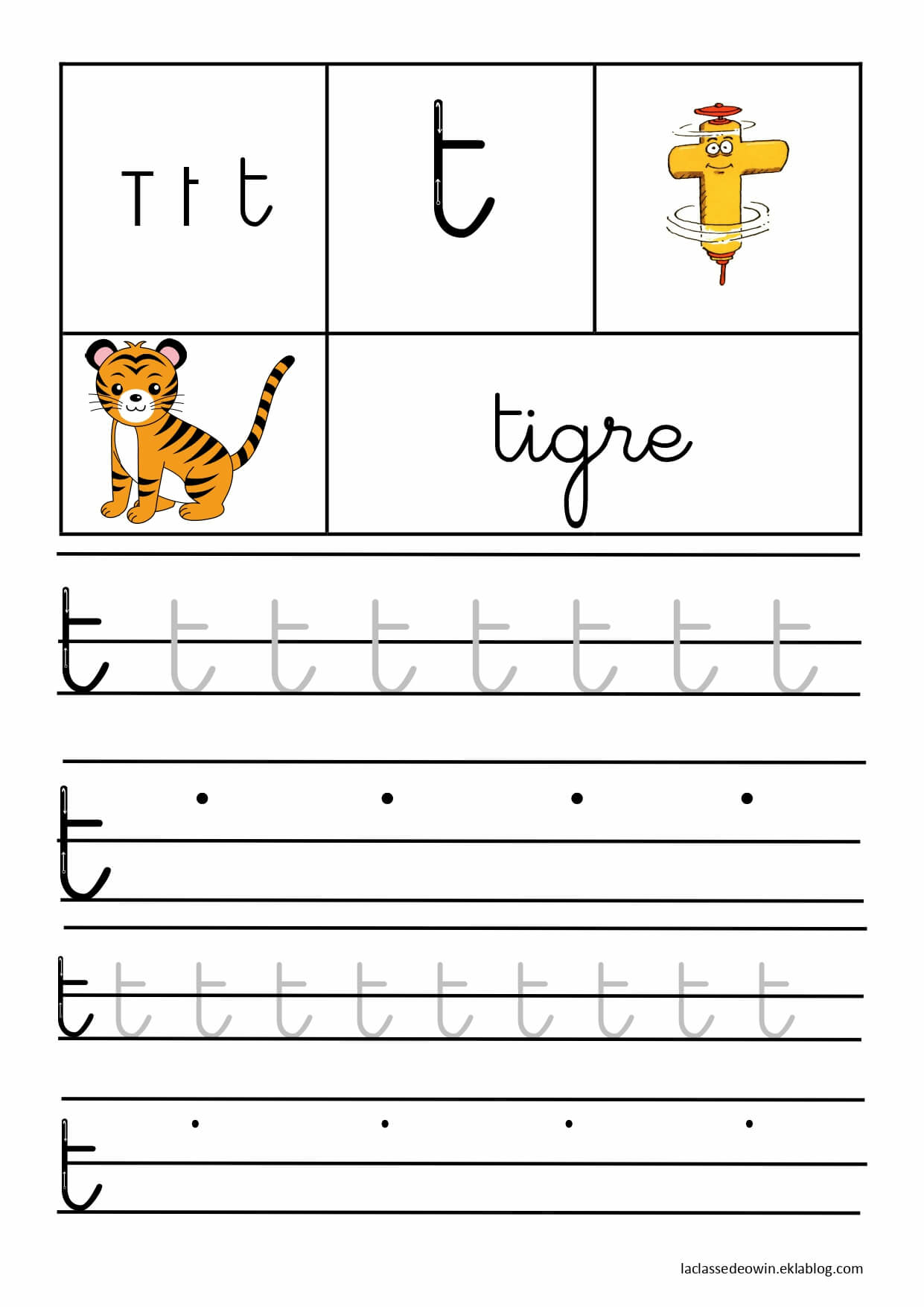   Lettre T pour tigre, écriture cursive GS 