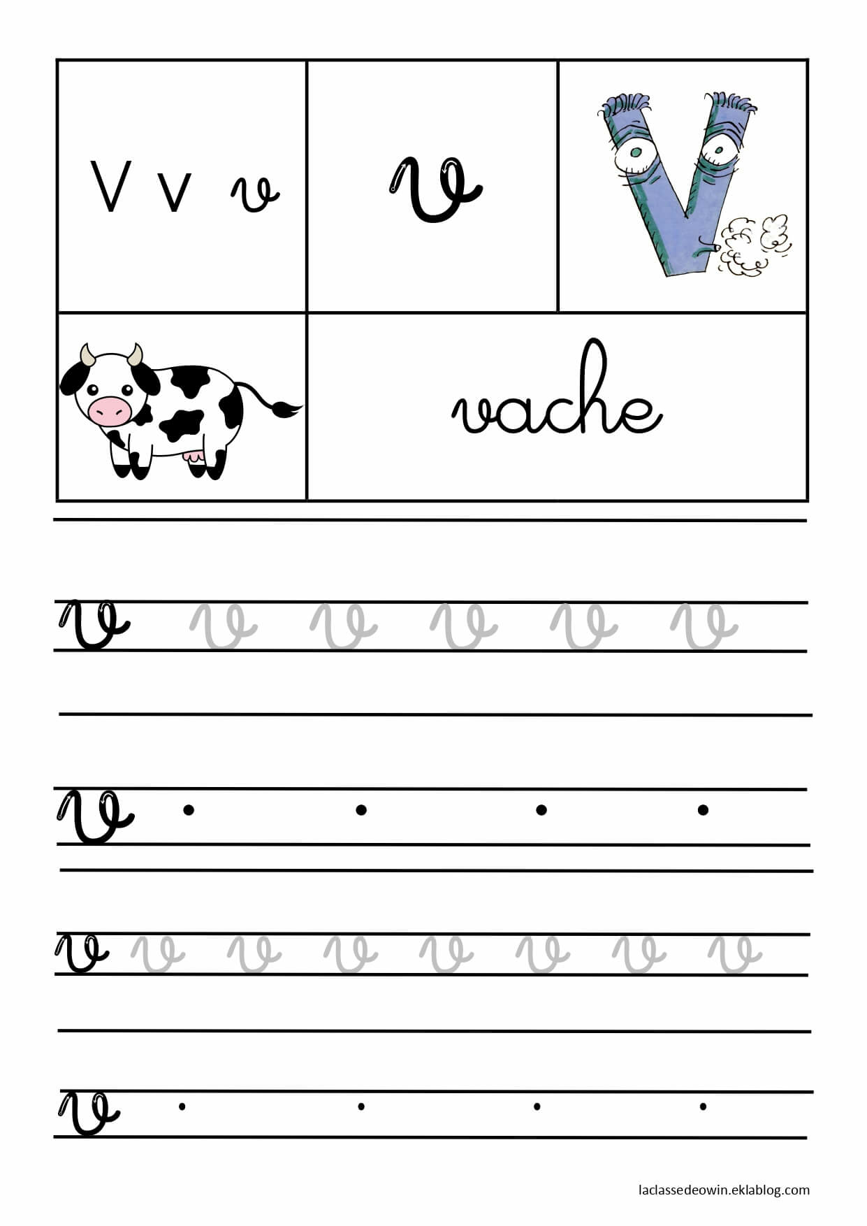   Lettre V pour vache, écriture cursive GS 