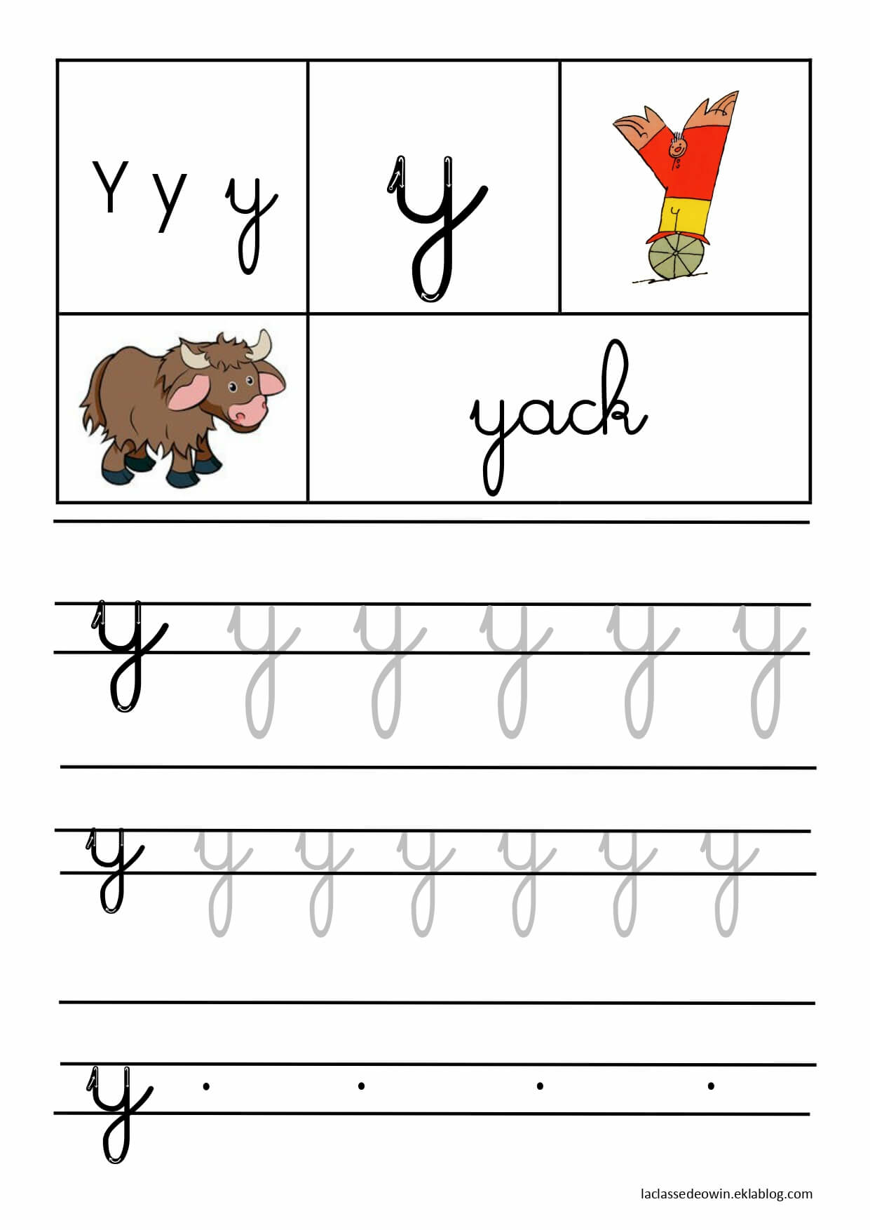   Lettre Y pour yack, écriture cursive GS 