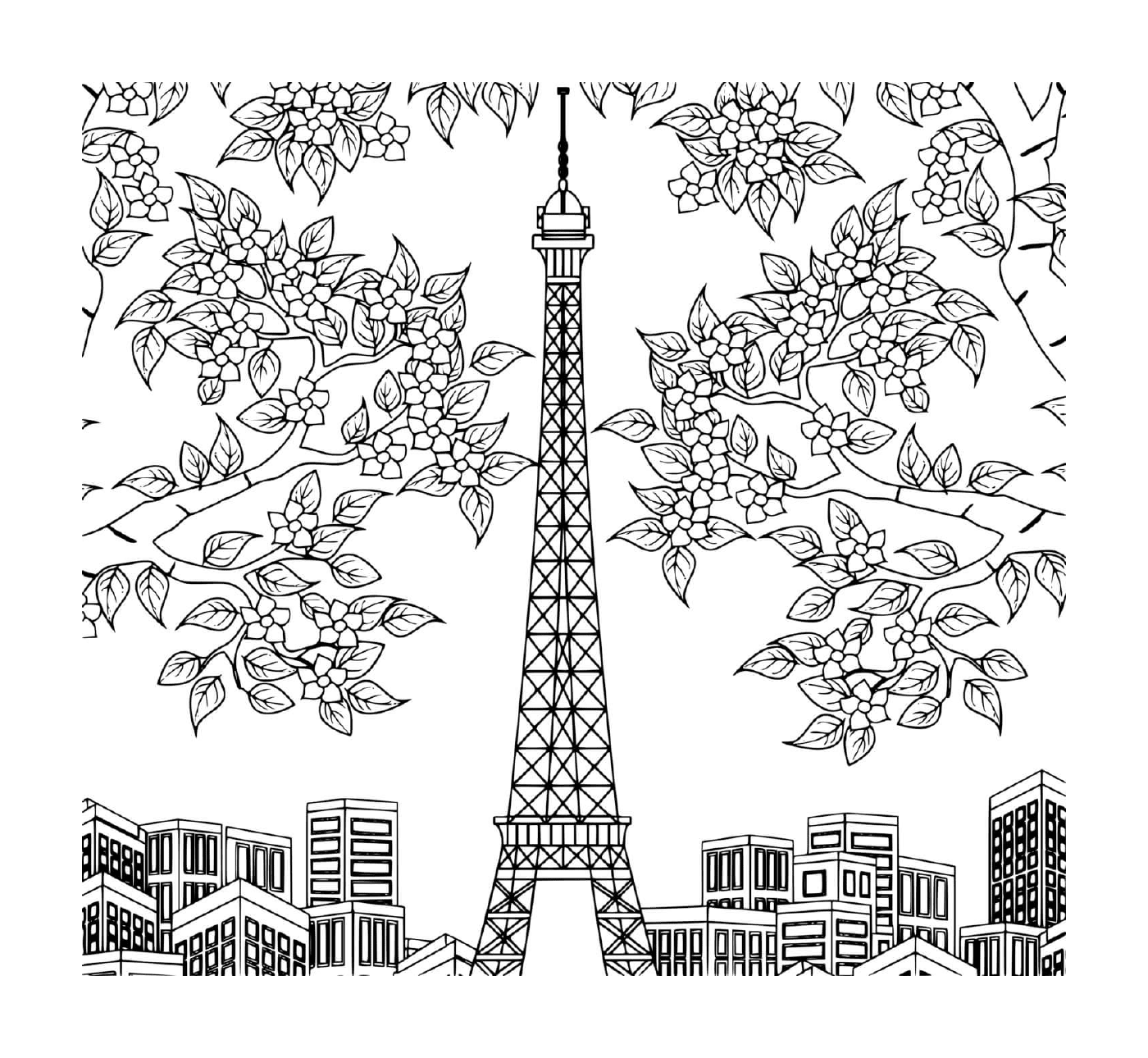   Tour Eiffel entourée d'arbres, de fleurs et de bâtiments 