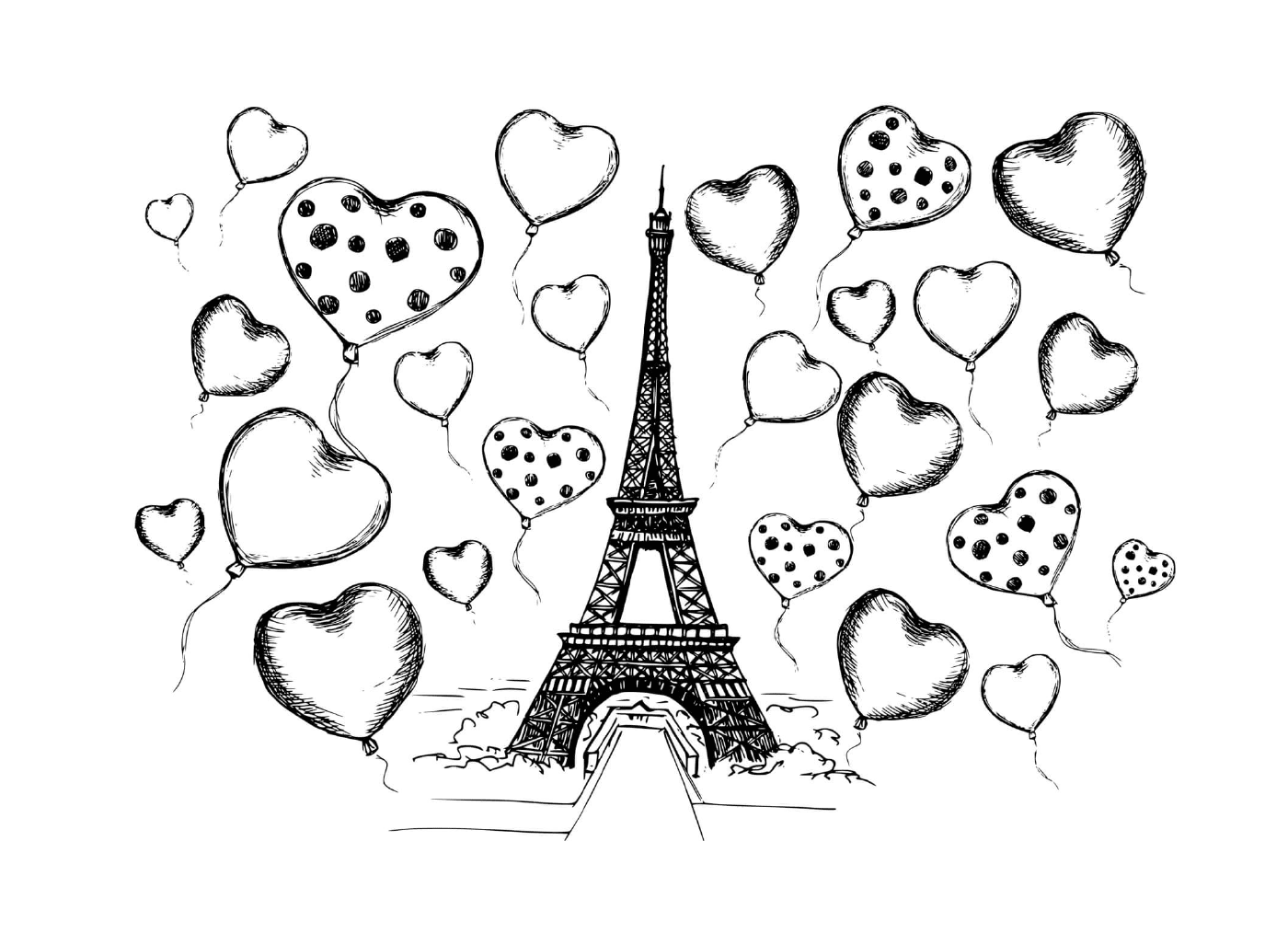   Tour Eiffel entourée cœurs et ballons 