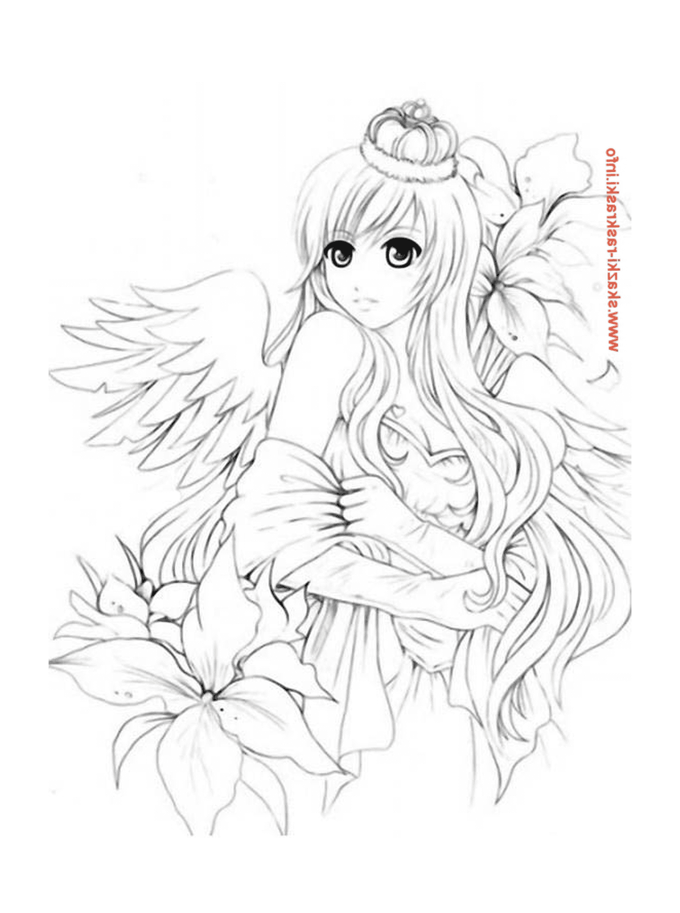   Un ange avec de longs cheveux blancs et une fleur 