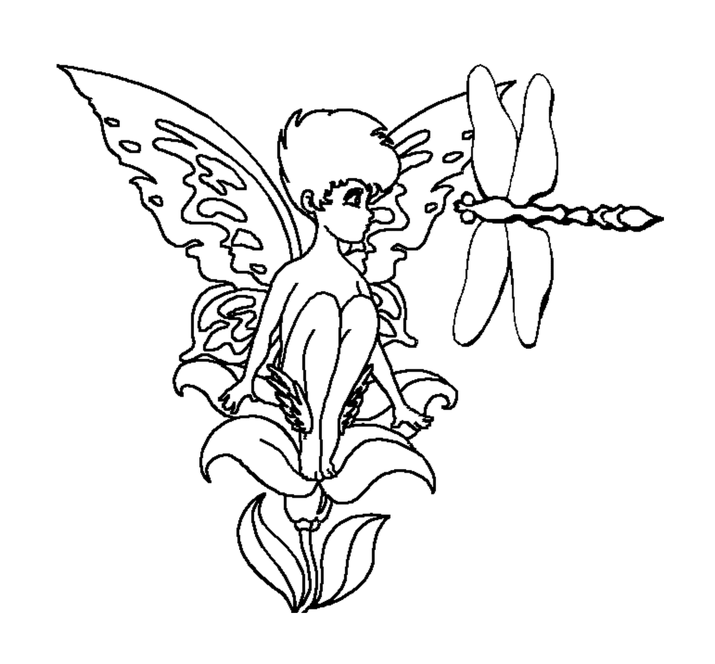   Une fée assise sur une fleur avec une libellule 