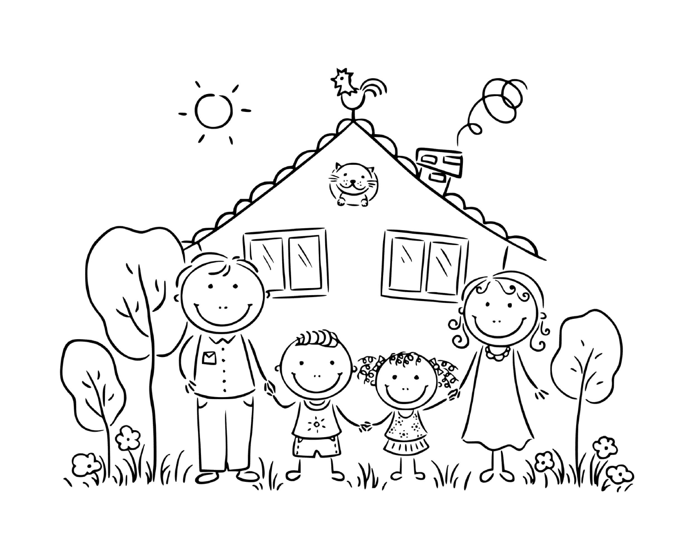   Une famille avec un chat devant leur maison 