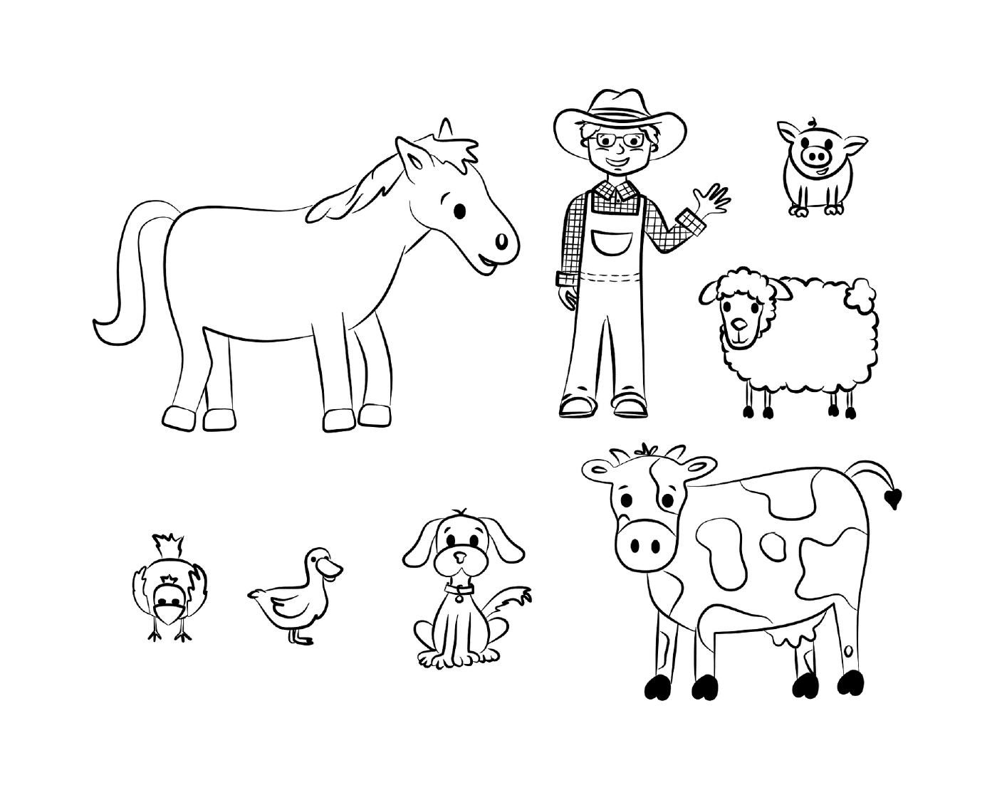   un fermier, une vache, un cheval, un chien, un canard et une poule 