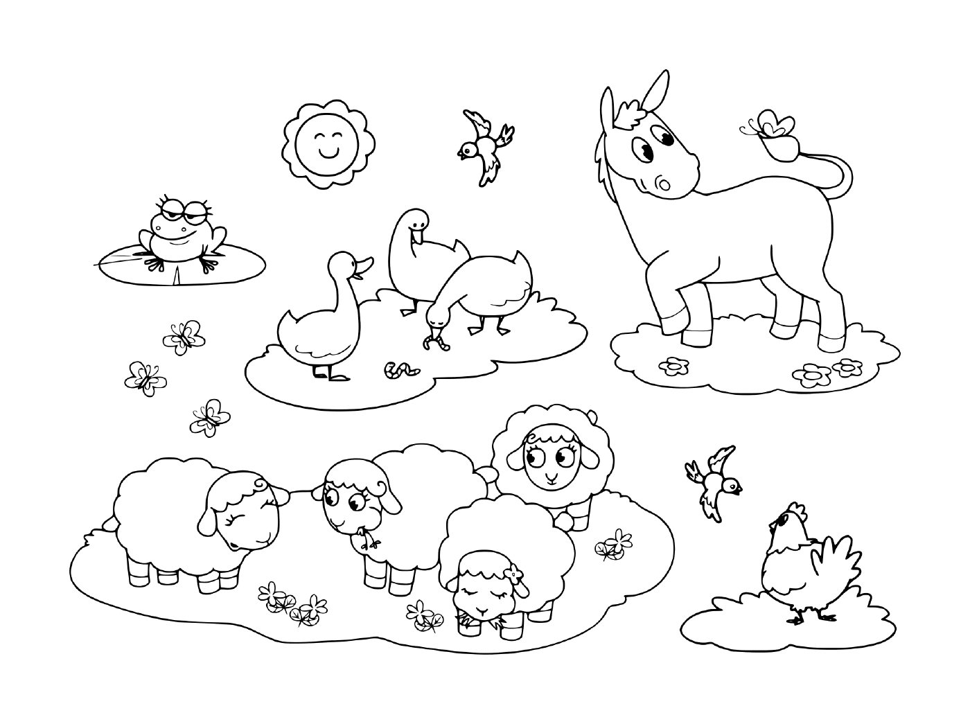   un groupe d'animaux dans l'herbe, comprenant un âne, une oie, une poule, des moutons et une grenouille 