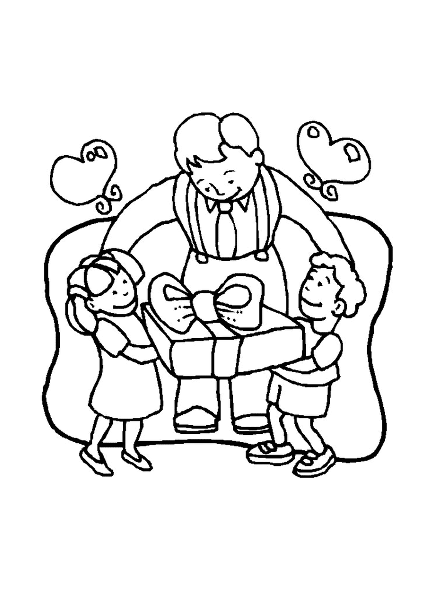   Un homme avec deux enfants tenant une boîte cadeau 