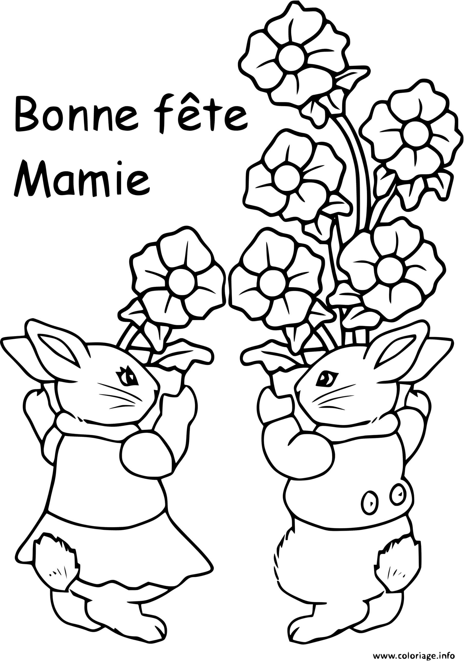   Deux lapins tenant un bouquet de fleurs 